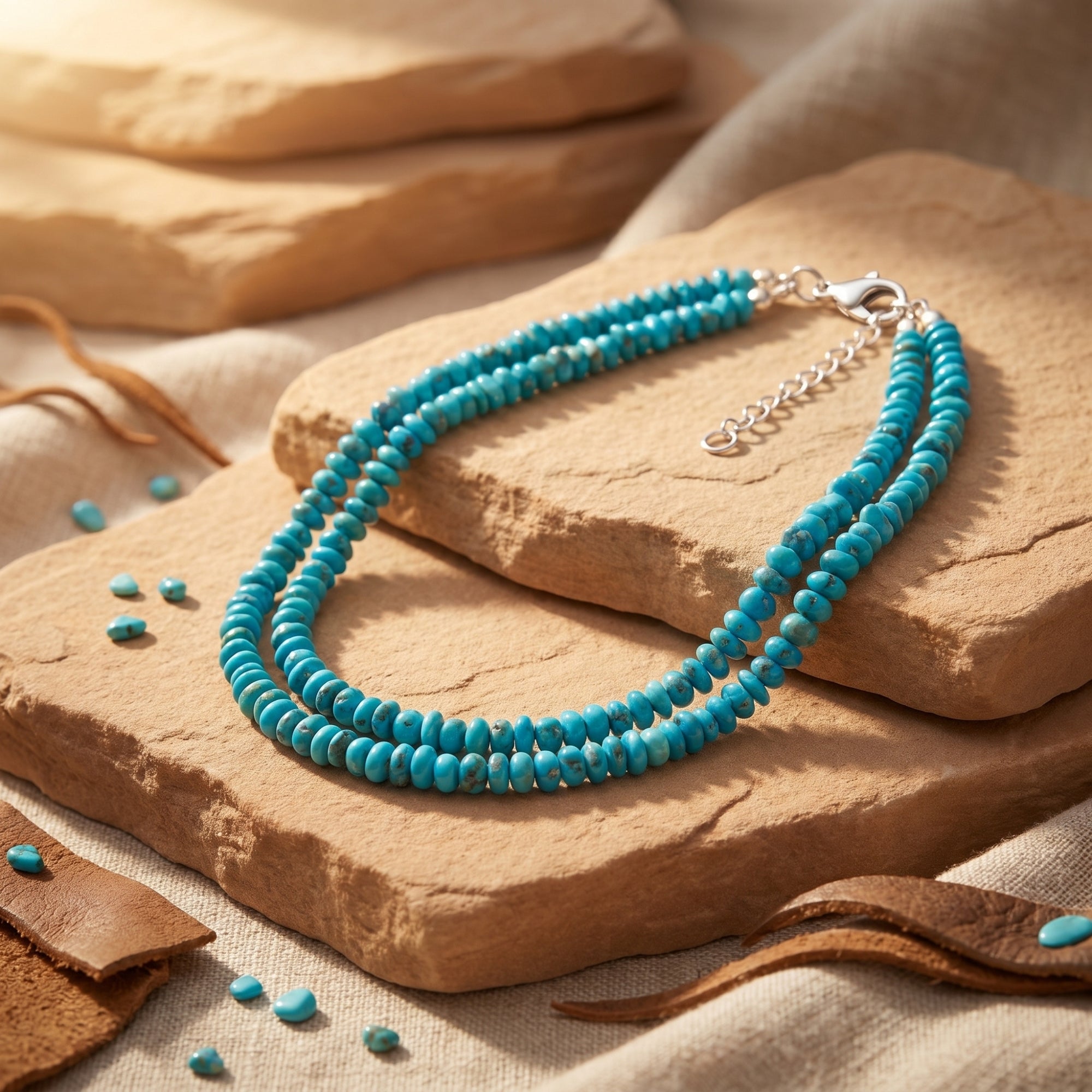 Double strand turquoise bead necklace with silver clasp on desert stones.