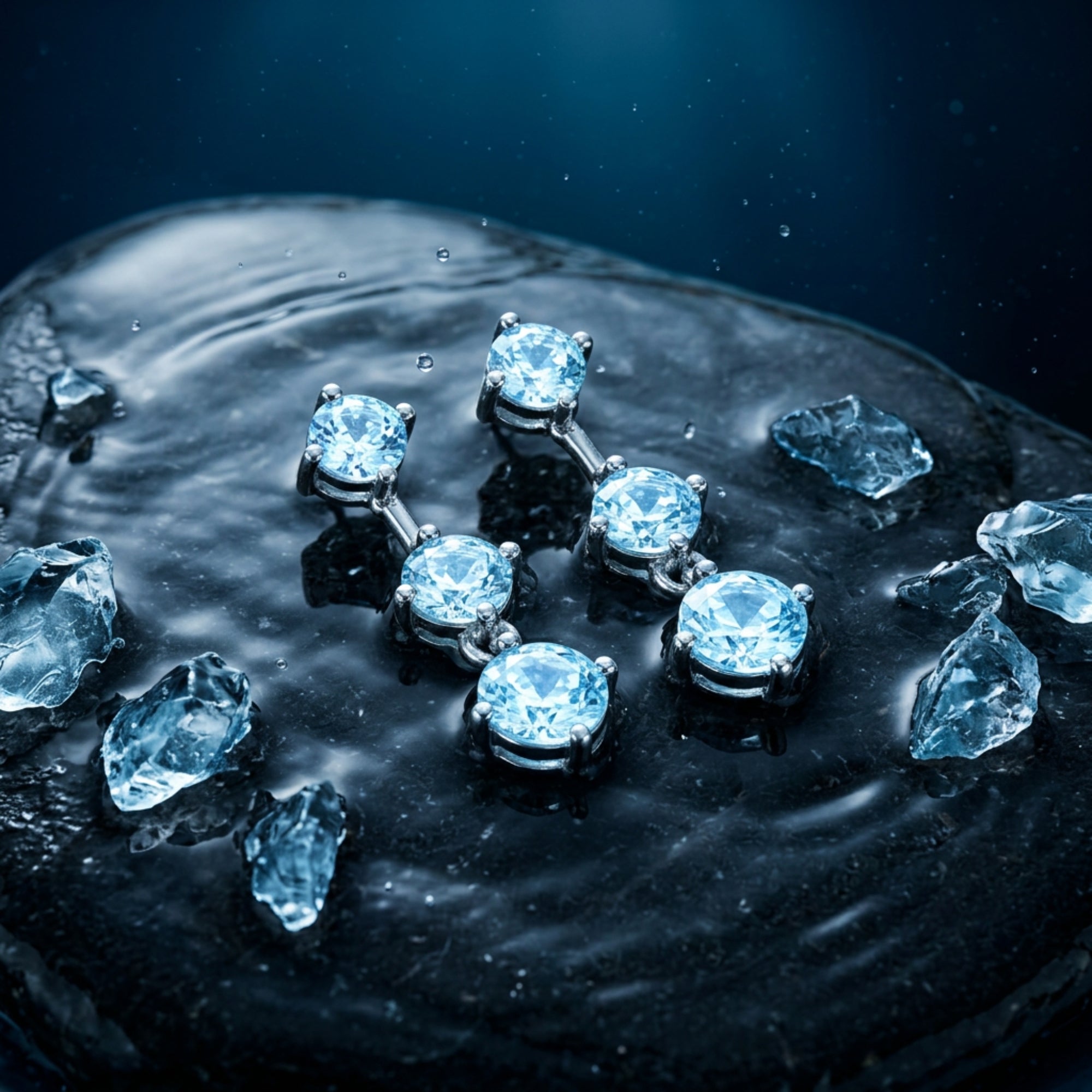 The Cyanea platinum drop earrings with graduating round aquamarines resting on a wet dark stone with water droplets.