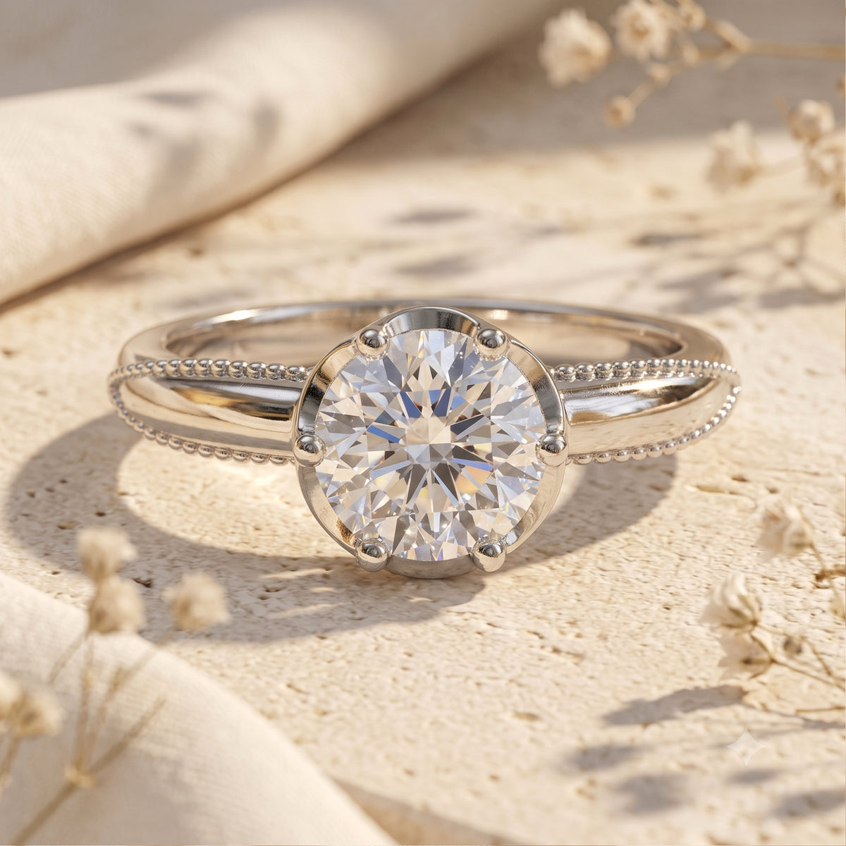 Top-down close-up of a silver ring featuring a round brilliant center stone with milgrain detail along the band.