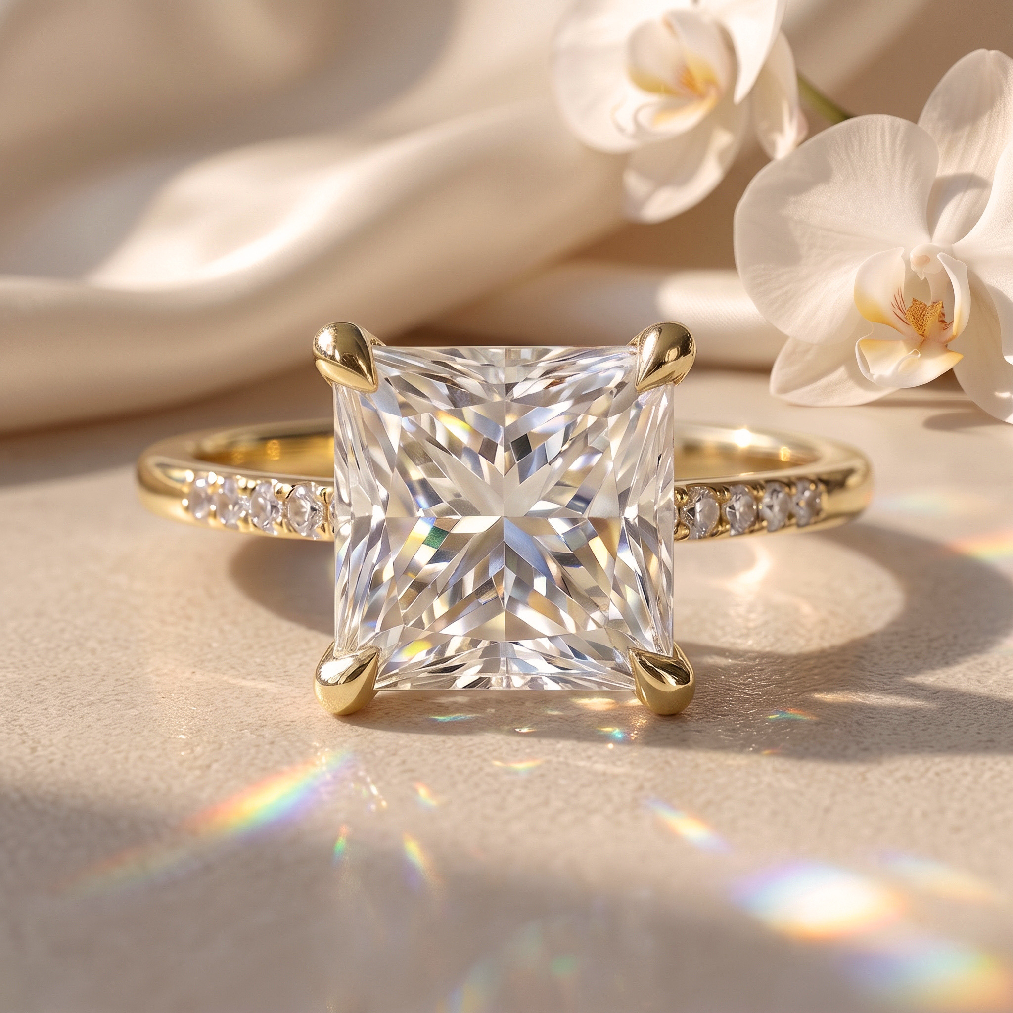 A front view of a princess-cut moissanite engagement ring set in a yellow gold band with pave diamonds.