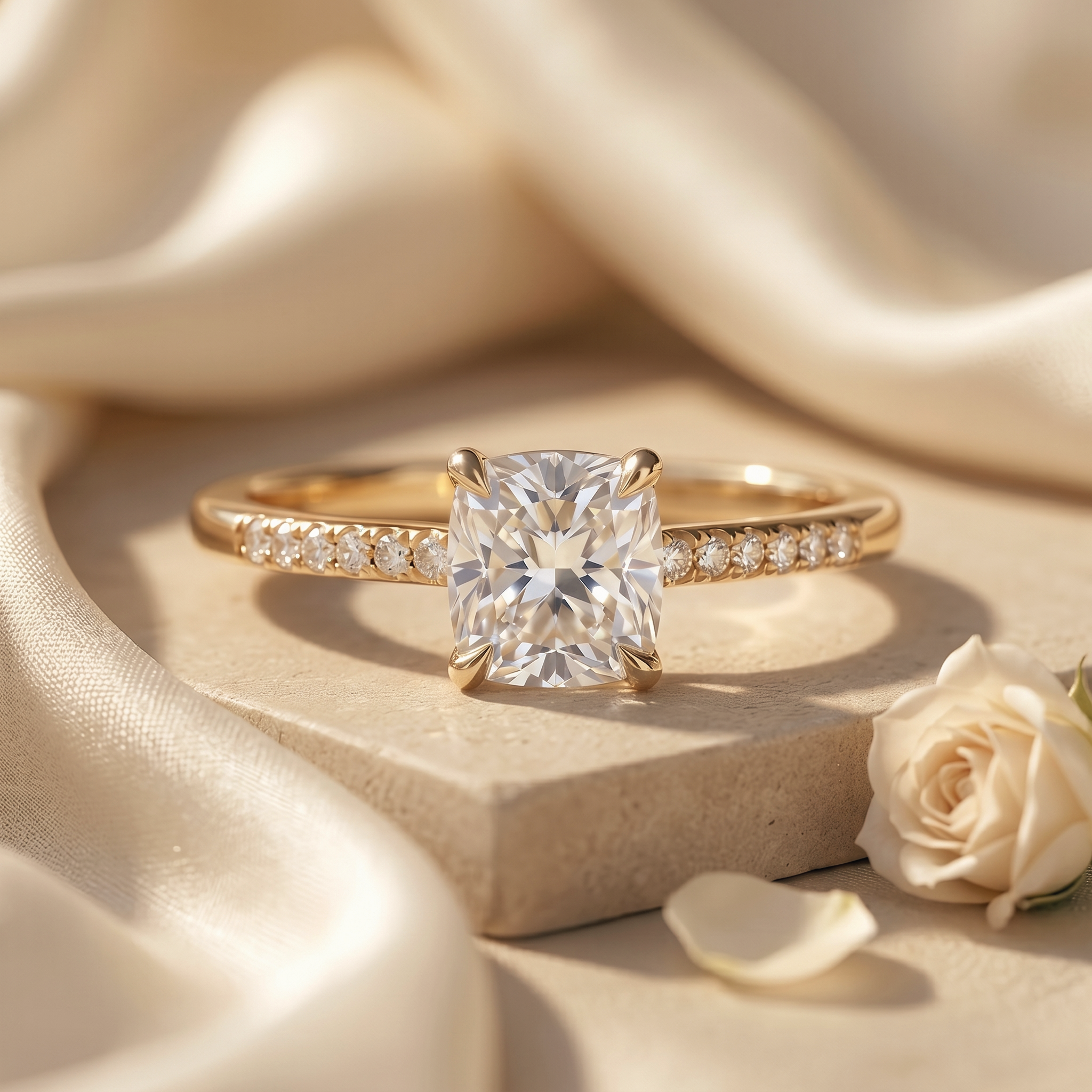 A front-facing view of a cushion-cut moissanite engagement ring with a pavé band in yellow gold, displayed on a stone block with elegant silk draping.