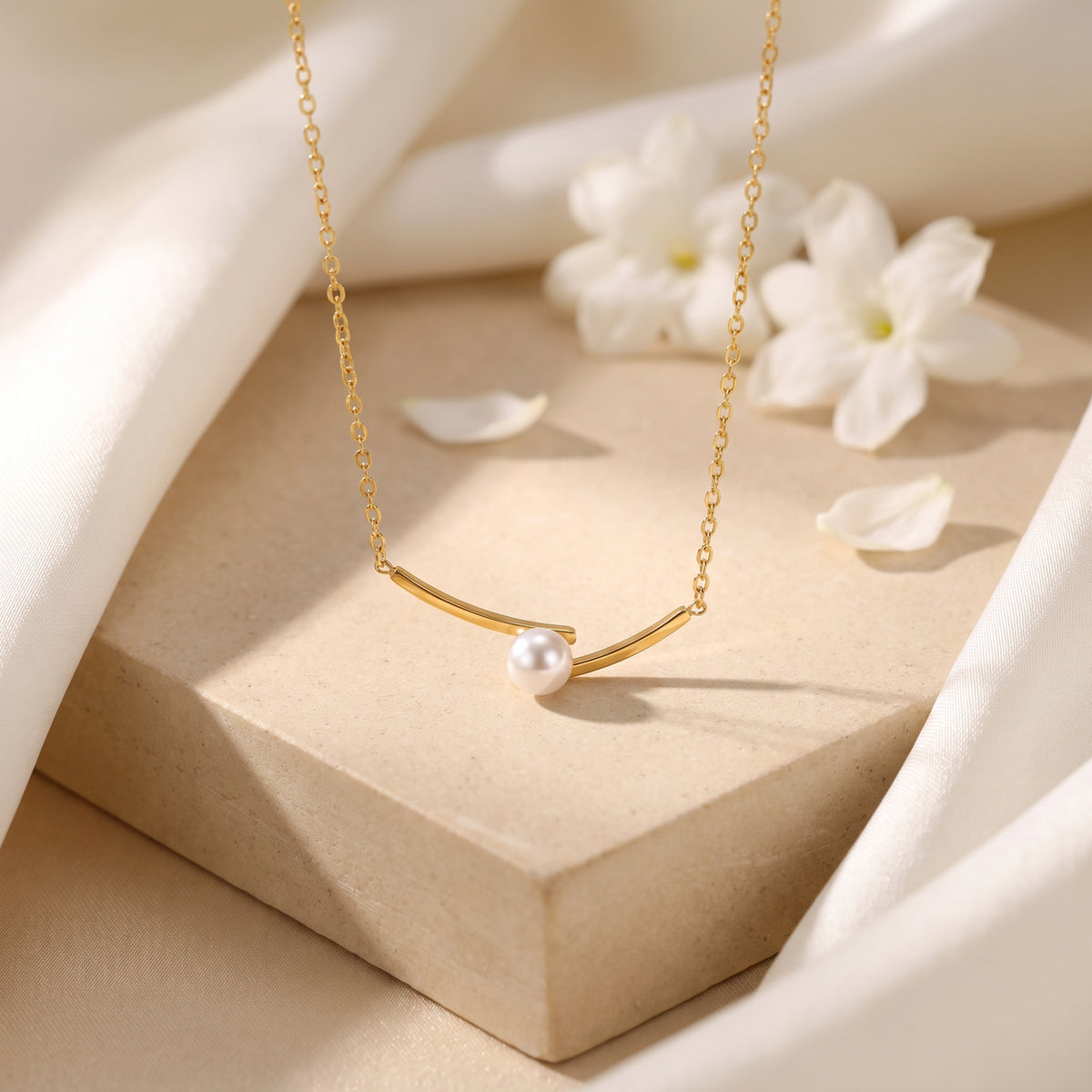 Gold-tone arc pearl bar necklace on a beige display block with white silk and flowers