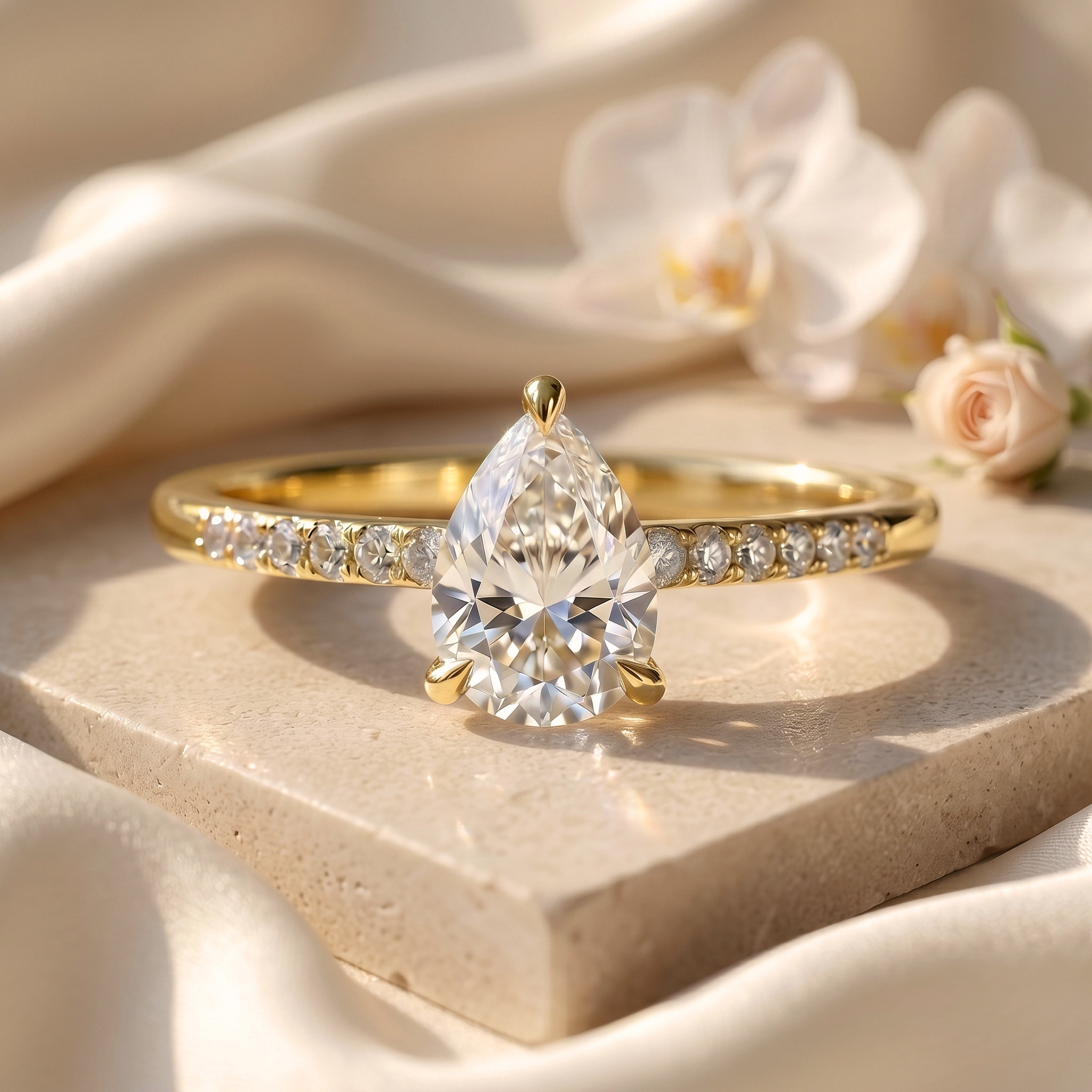 A stunning yellow gold engagement ring featuring a pear-cut moissanite center stone on a sparkling diamond pave band.