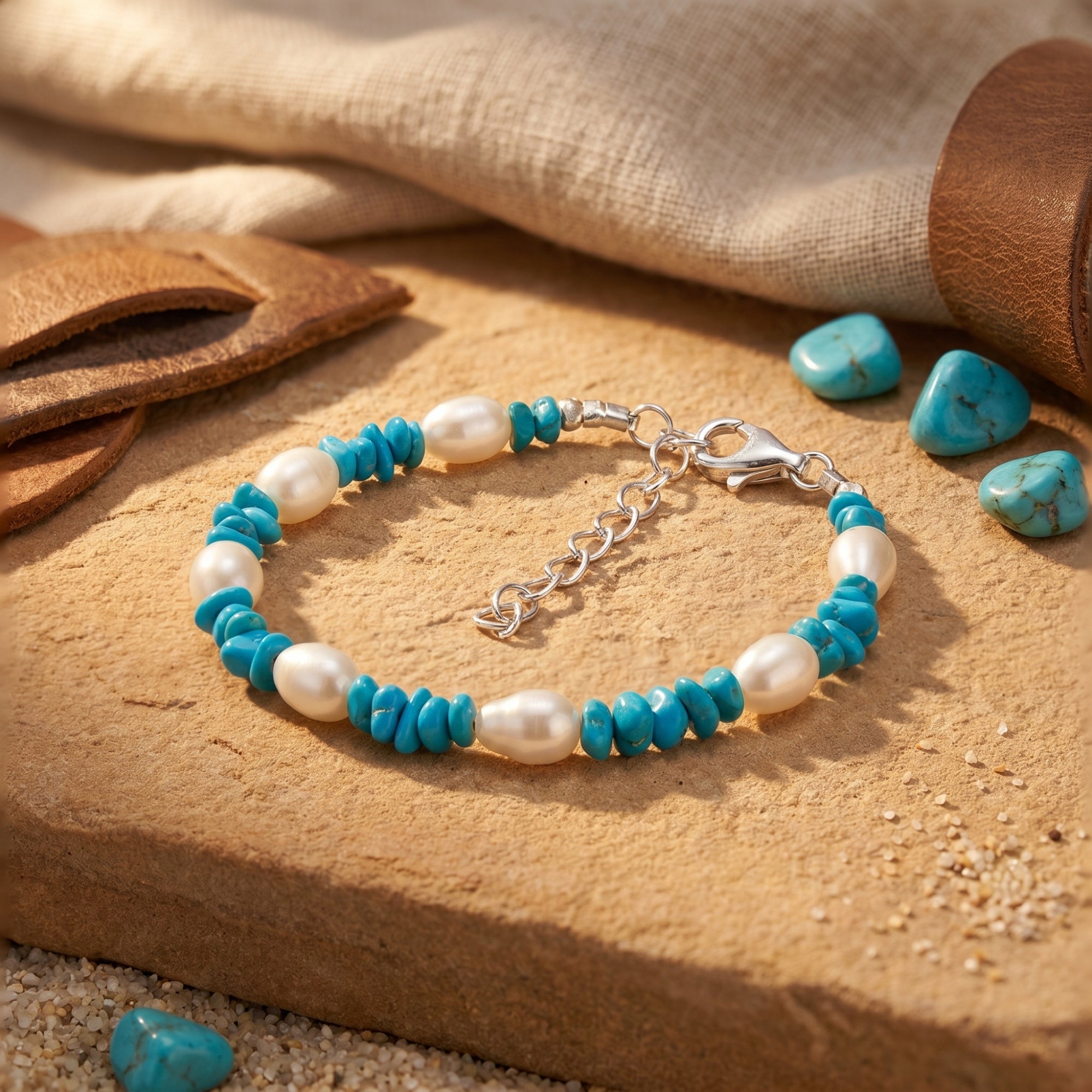 Silver turquoise and pearl bracelet on a desert-themed stone surface with loose turquoise accents.