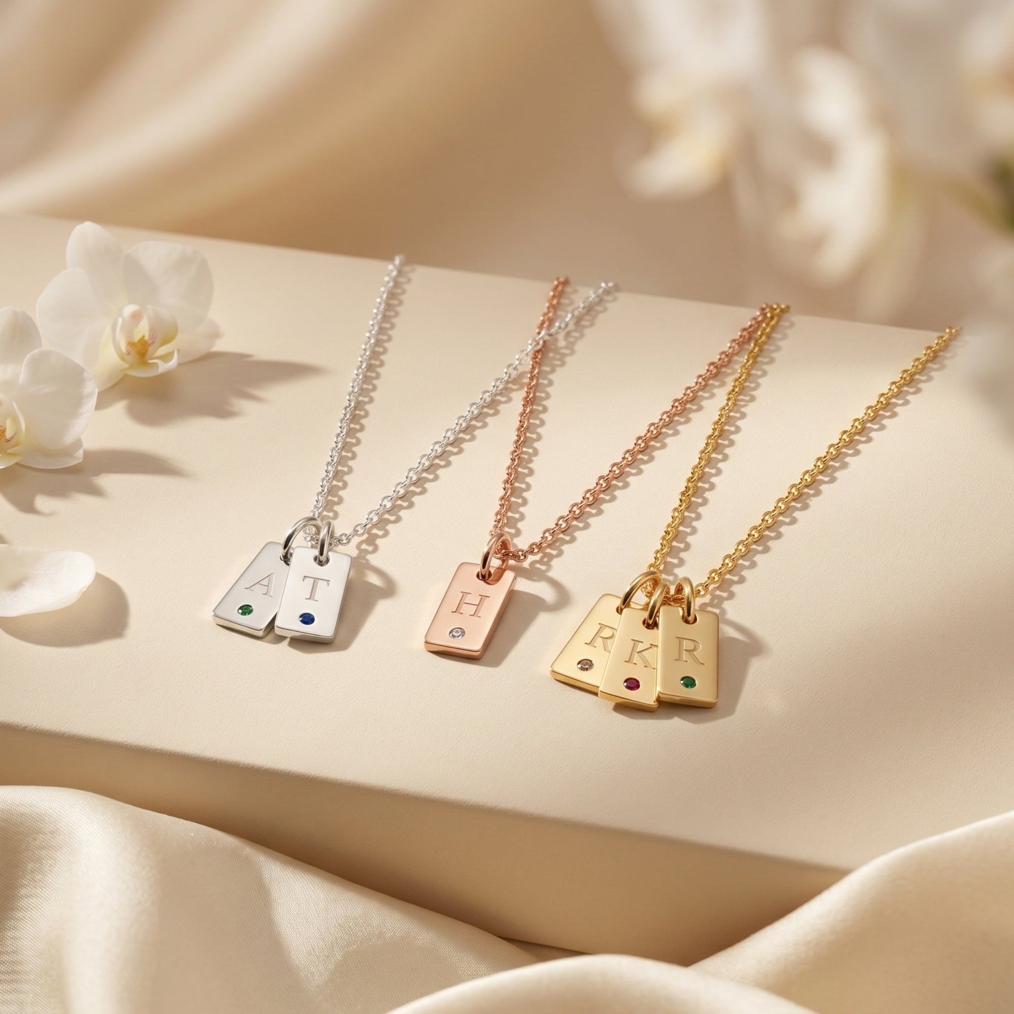 Three Cecelia pendant necklaces in silver, rose gold, and gold finishes with custom initial tags and birthstones.