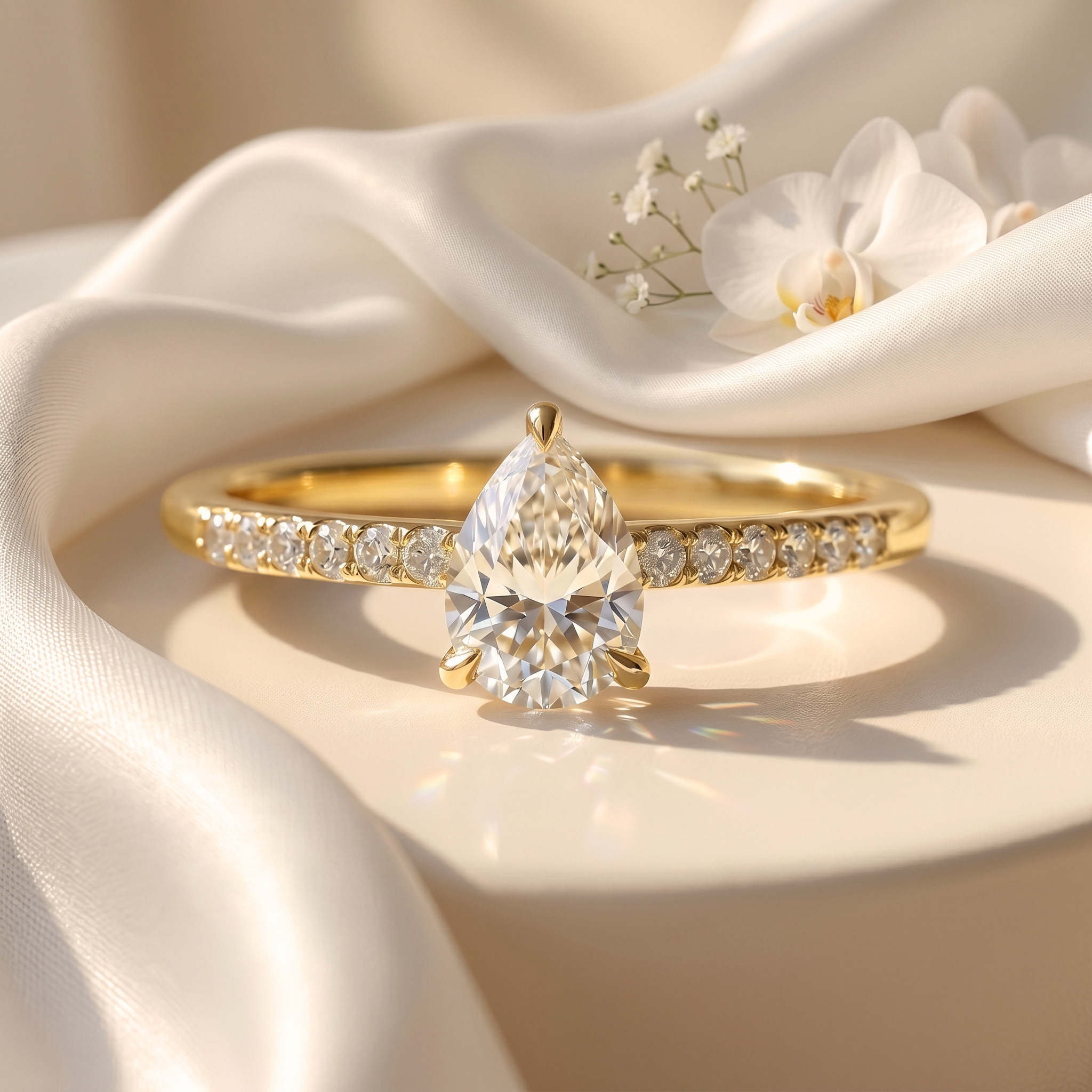 A sparkling pear-cut moissanite engagement ring in yellow gold rests on draped white satin.