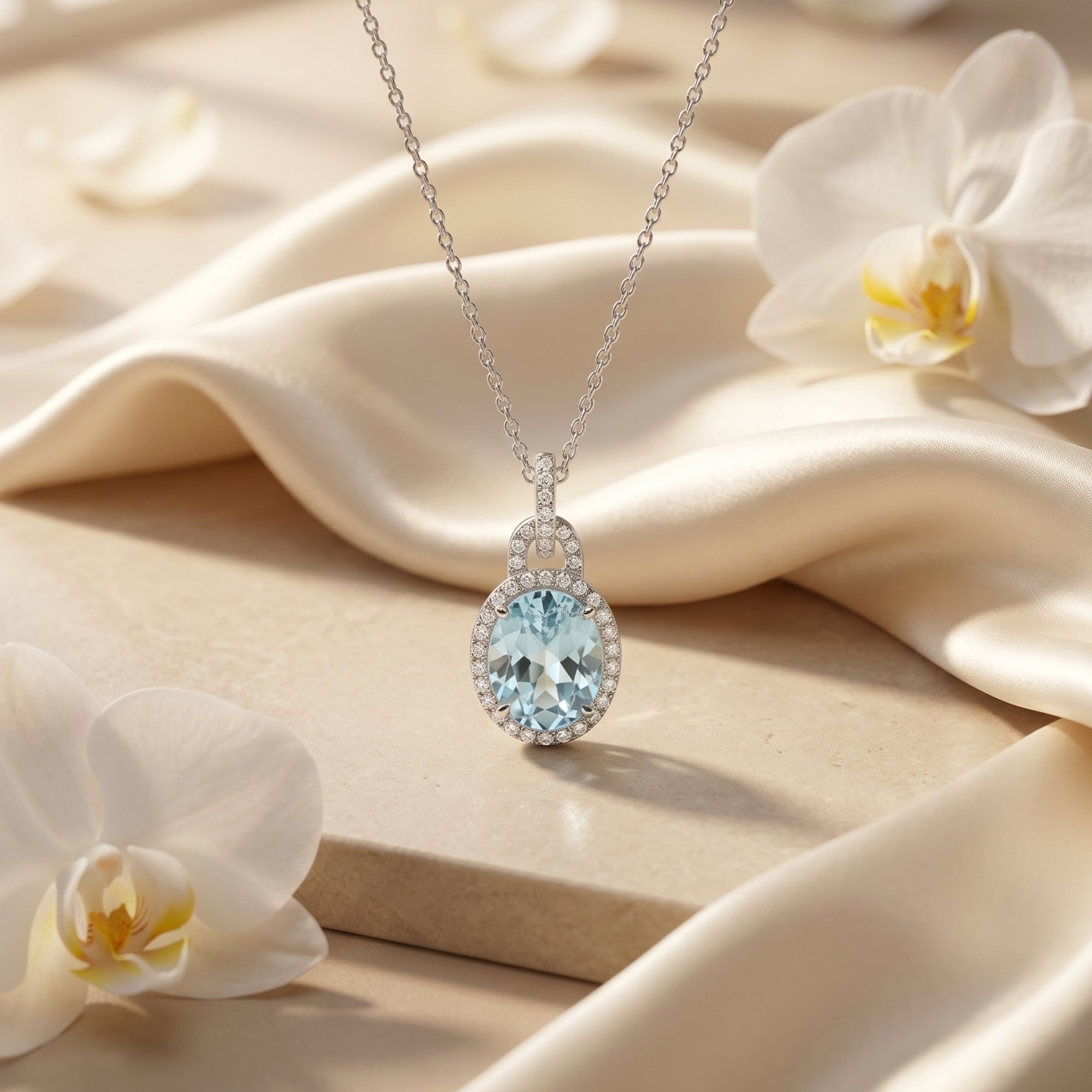 Bianca oval aquamarine pendant in silver on silk fabric with white orchids.