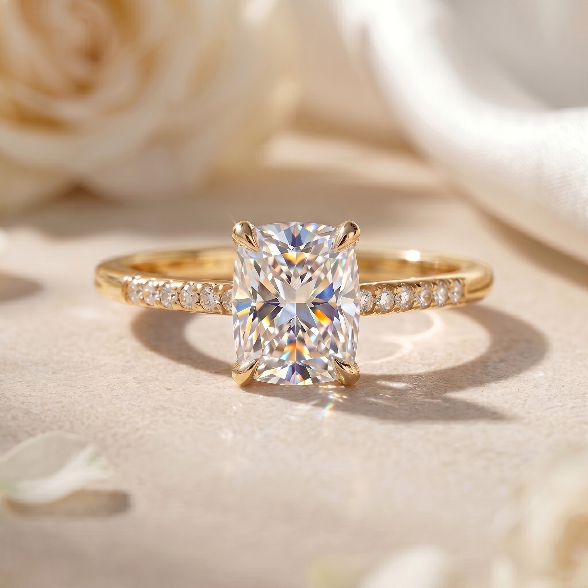 A stunning front-facing view of a cushion-cut moissanite engagement ring in yellow gold with a delicate pavé band.