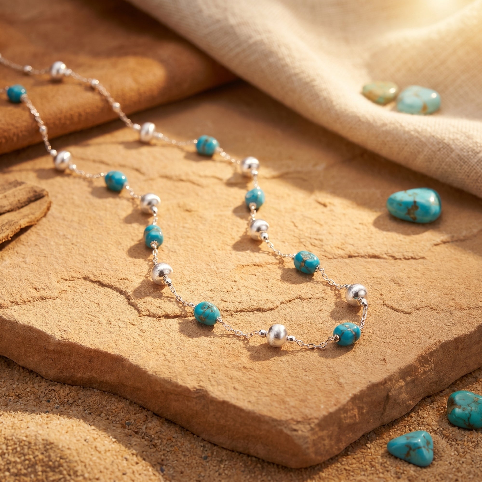 Navajo-style sterling silver necklace with turquoise beads on desert sandstone.