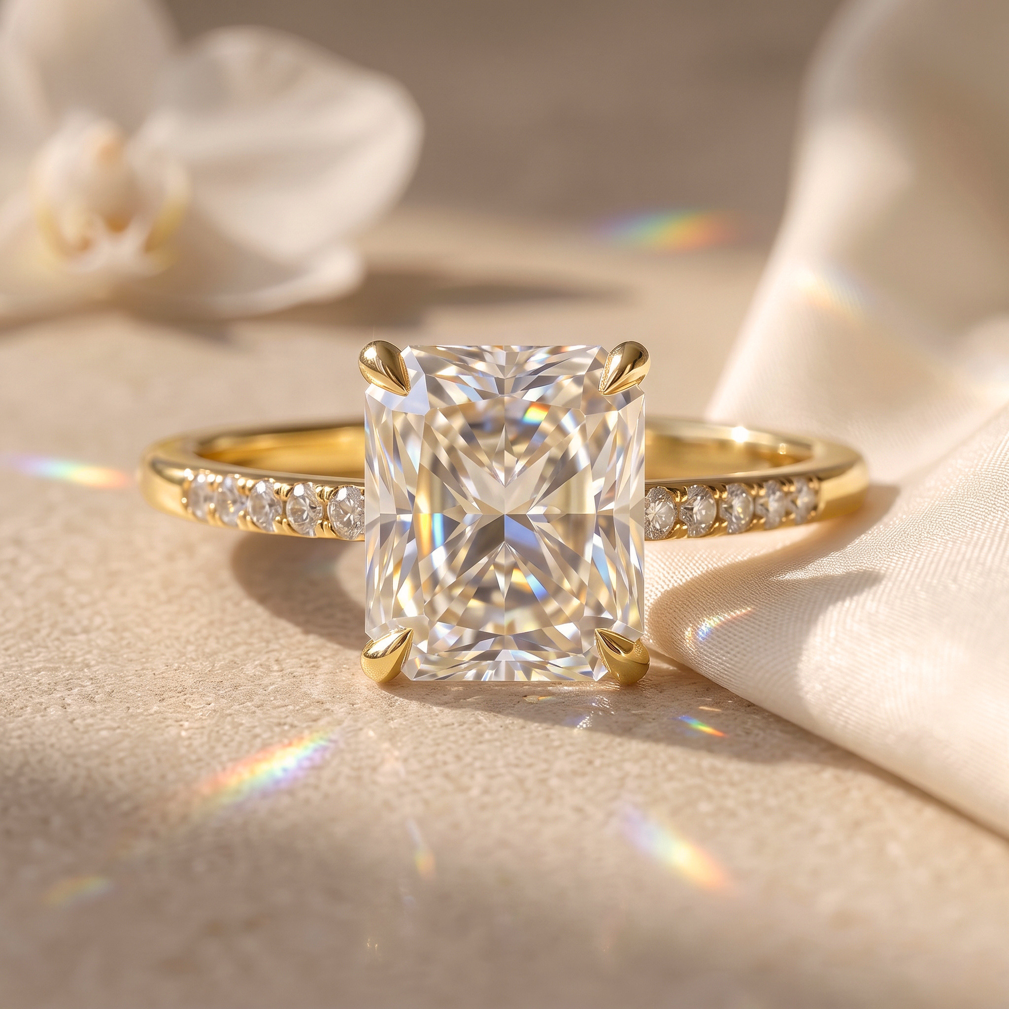 A stunning radiant cut moissanite engagement ring in yellow gold with a delicate diamond band.