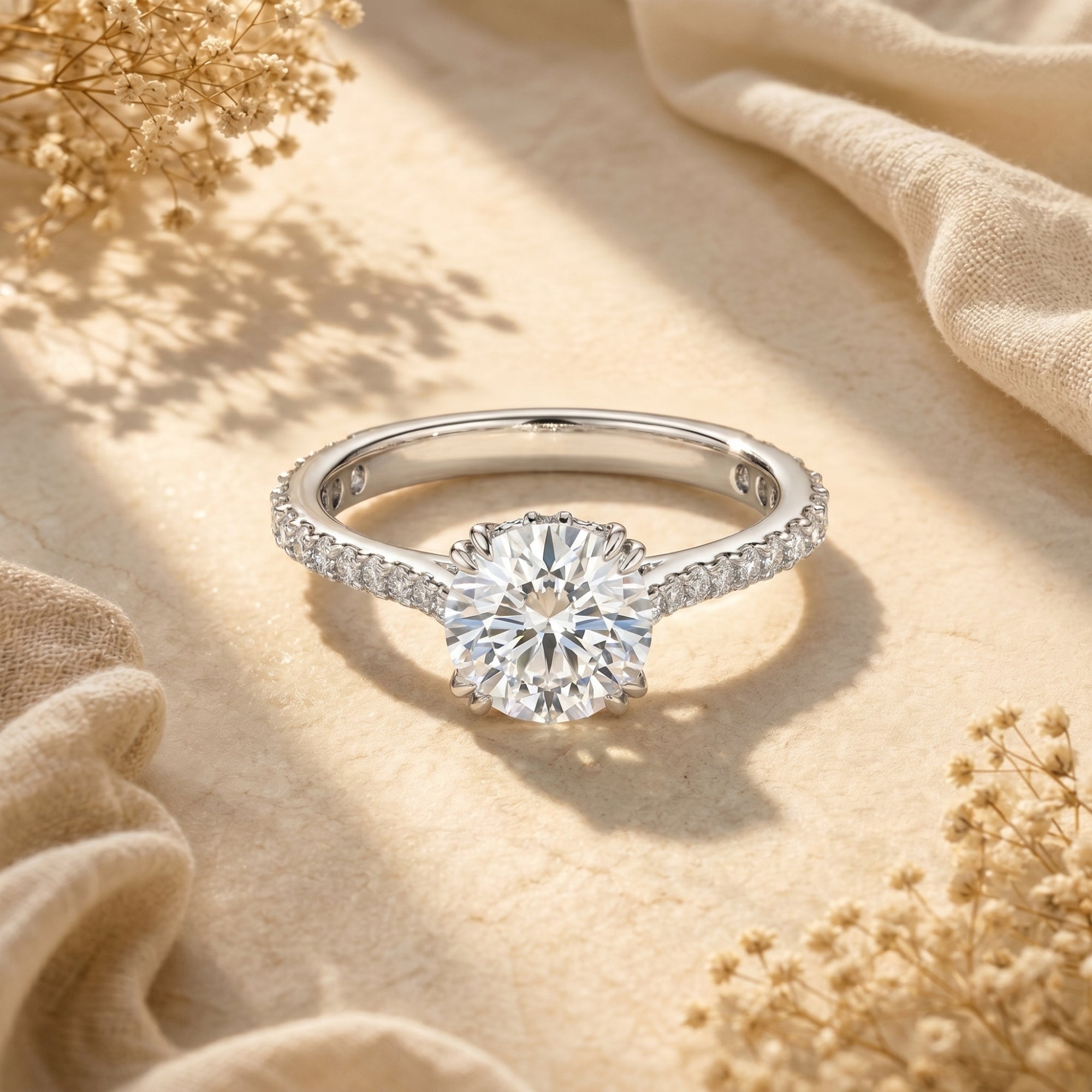 Round cut 2CT moissanite solitaire ring in silver with a pavé band on a neutral lifestyle background.