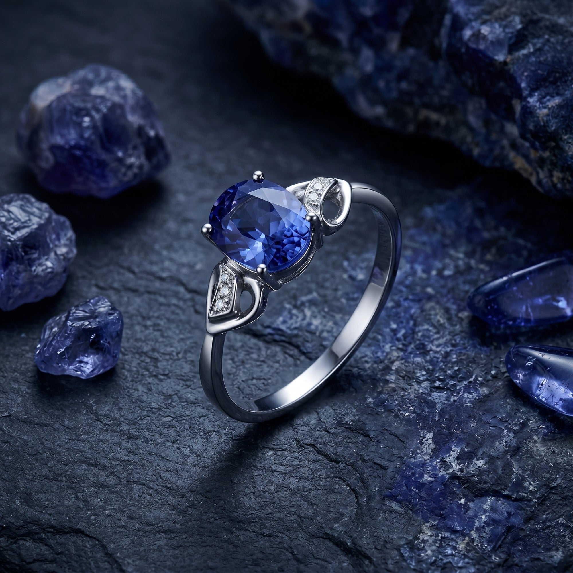 The Elysienne oval tanzanite and diamond ring in 18K white gold, styled on dark stone with raw gemstones.