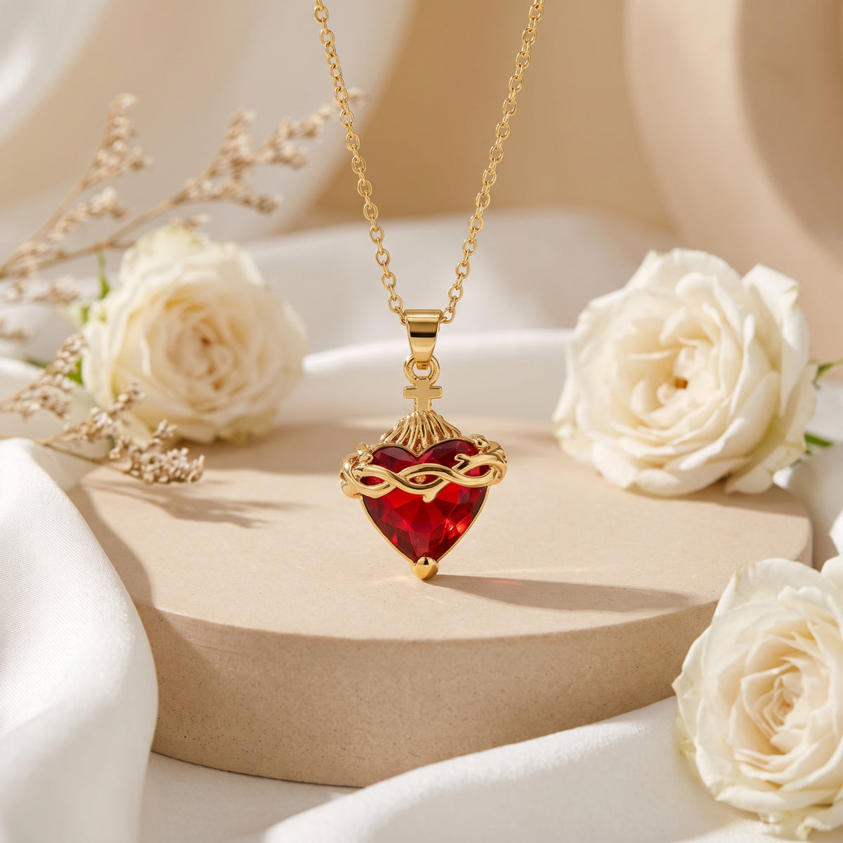 Gold-tone necklace with cross-topped red heart pendant displayed on a beige pedestal among white roses.