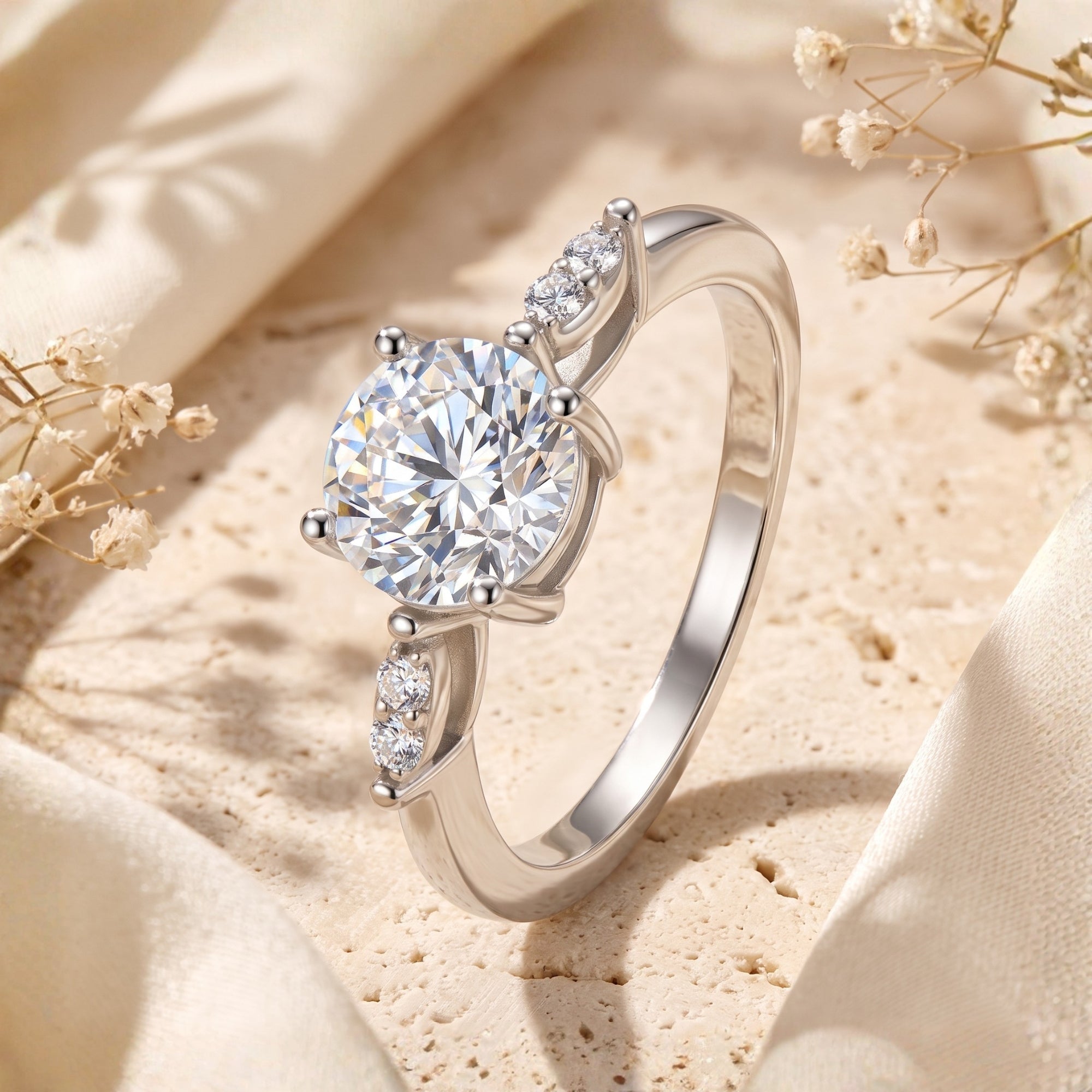 Side profile of the Claudine 8mm round cut cubic zirconia solitaire ring in S925 sterling silver.