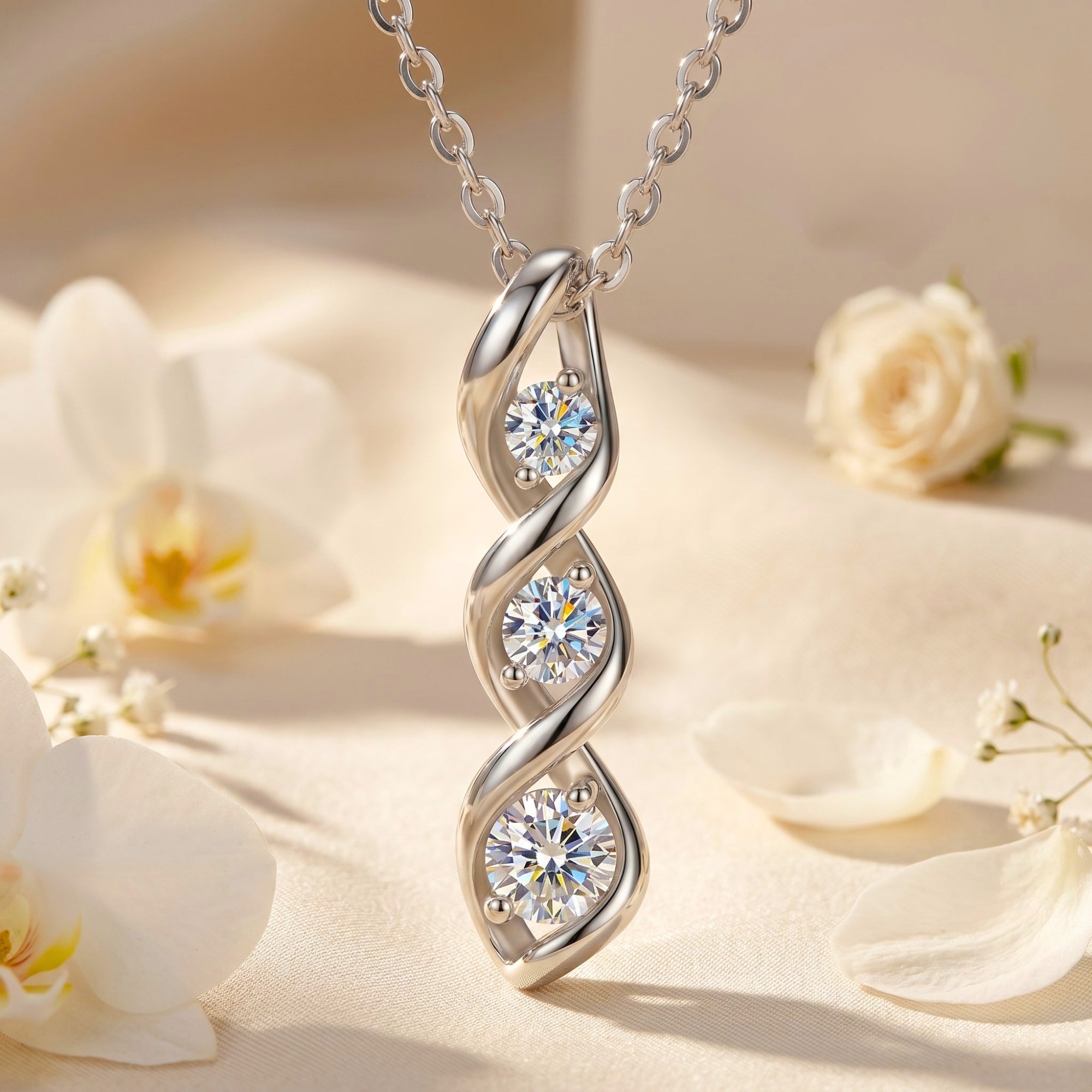 Silver Adrastia moissanite pendant with three round stones in a helical swirl, displayed with white flowers.