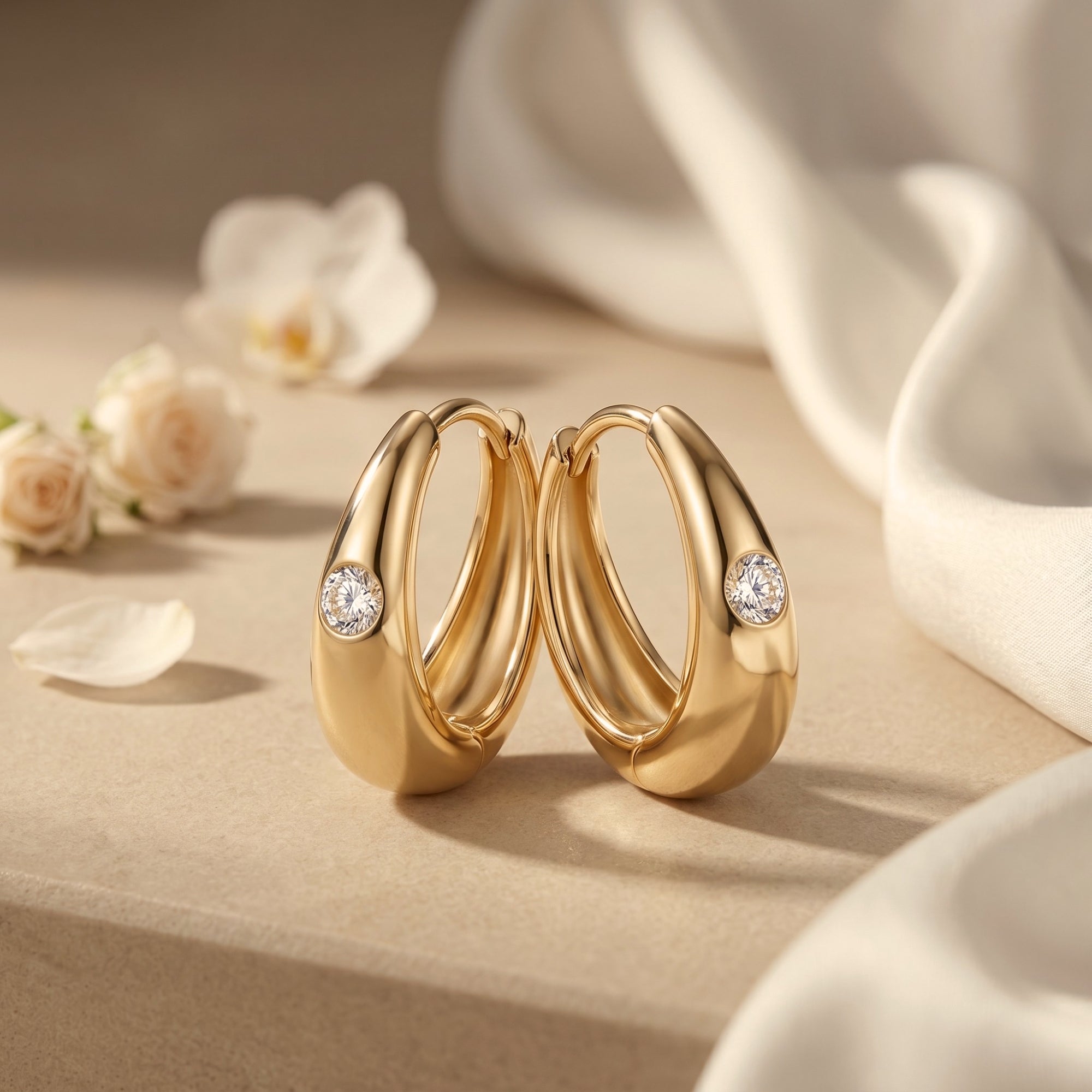 Gold moissanite hoop earrings with round-cut stones on a floral lifestyle background.