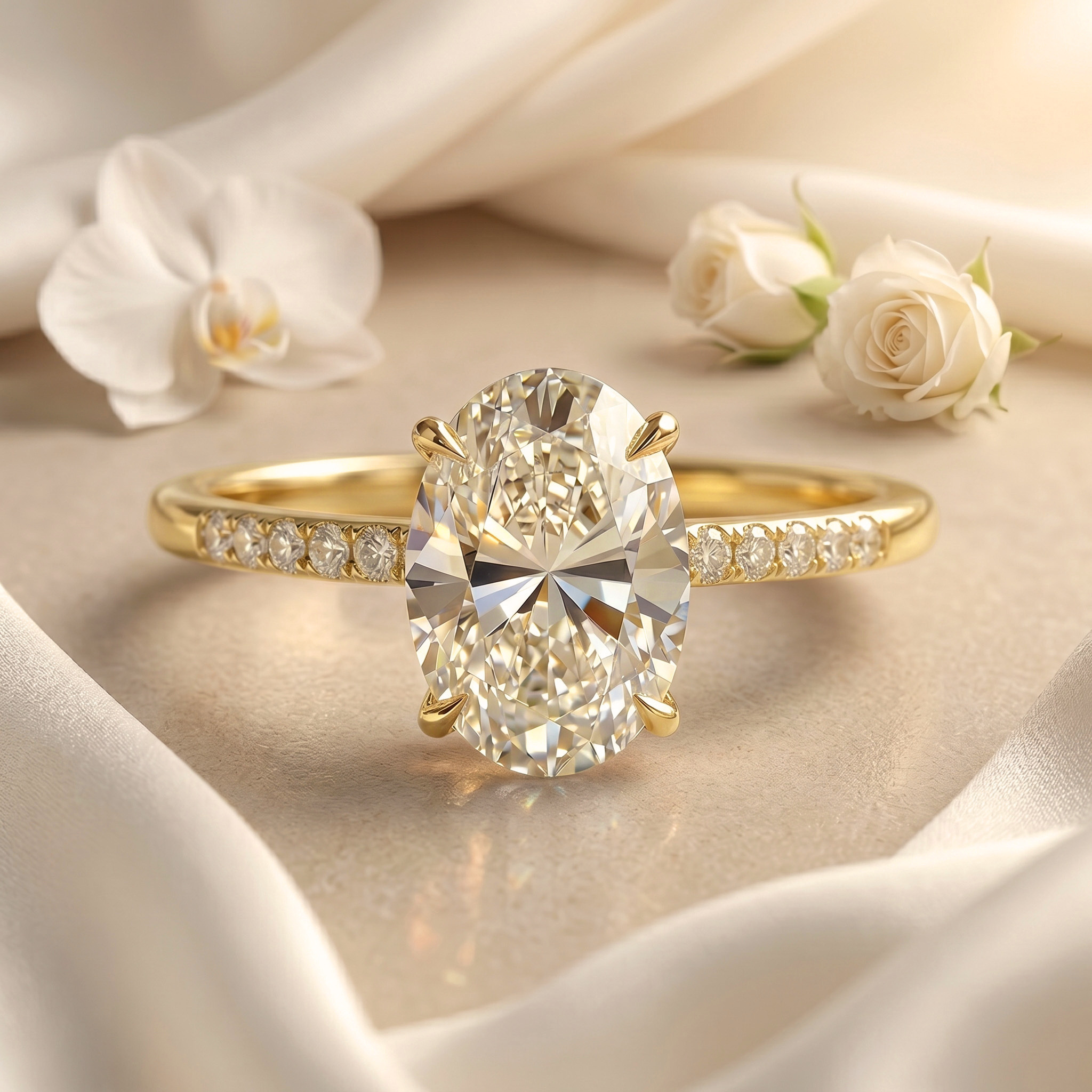 An oval-cut moissanite engagement ring with a pavé yellow gold band, displayed elegantly on white silk.