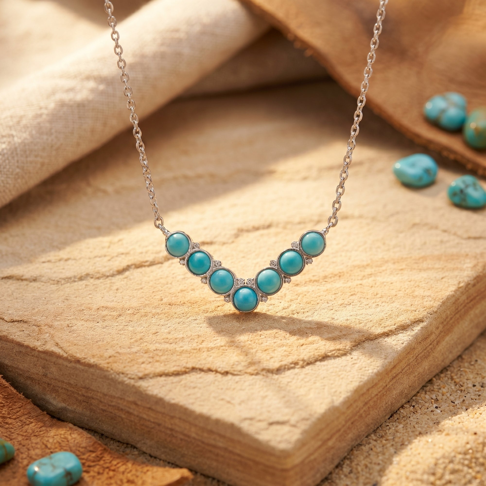 Silver V-shaped necklace with round turquoise beads on a desert stone lifestyle background.
