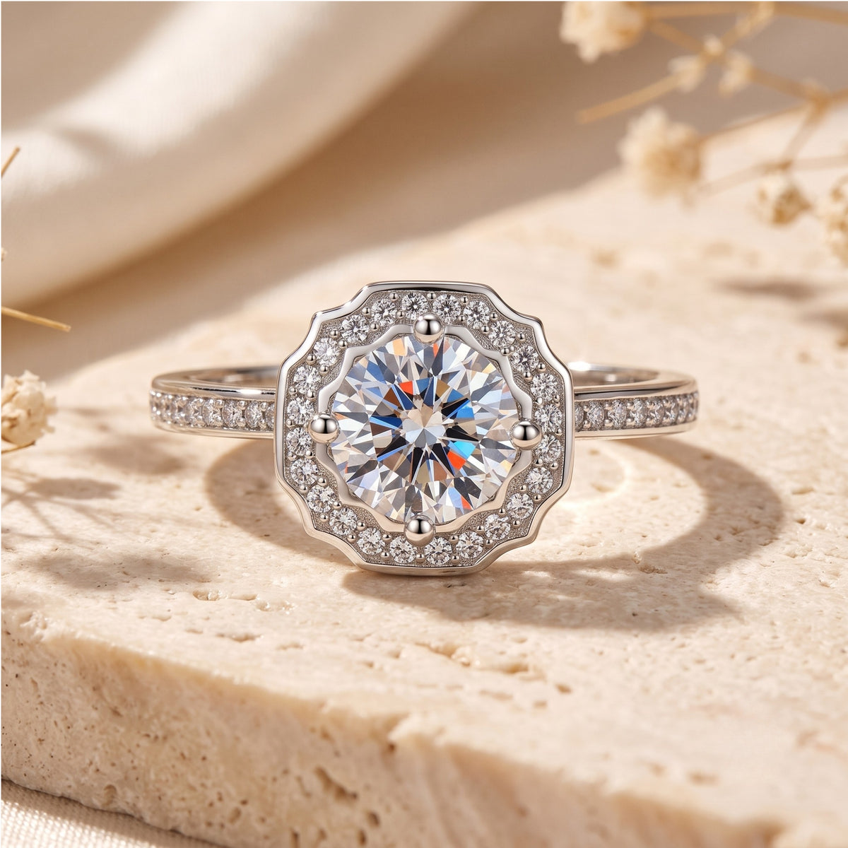 Front view of a silver ring with a round center stone inside an eight-sided scalloped halo.