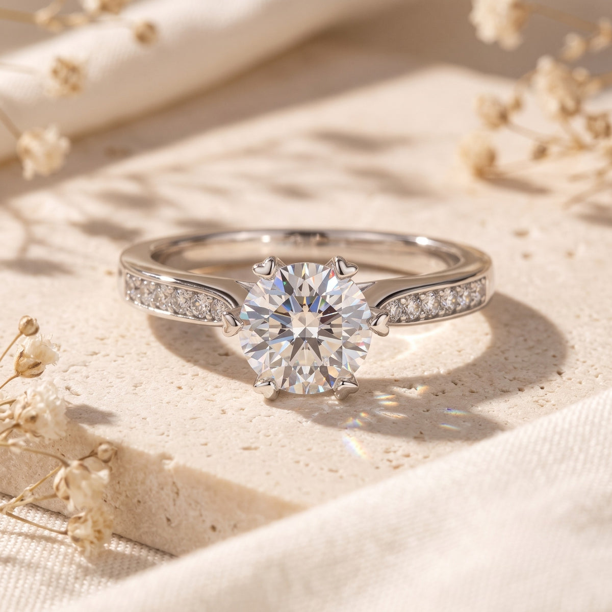 Front view of a silver cathedral ring featuring a round-cut clear stone in a six-prong setting with pavé accents.