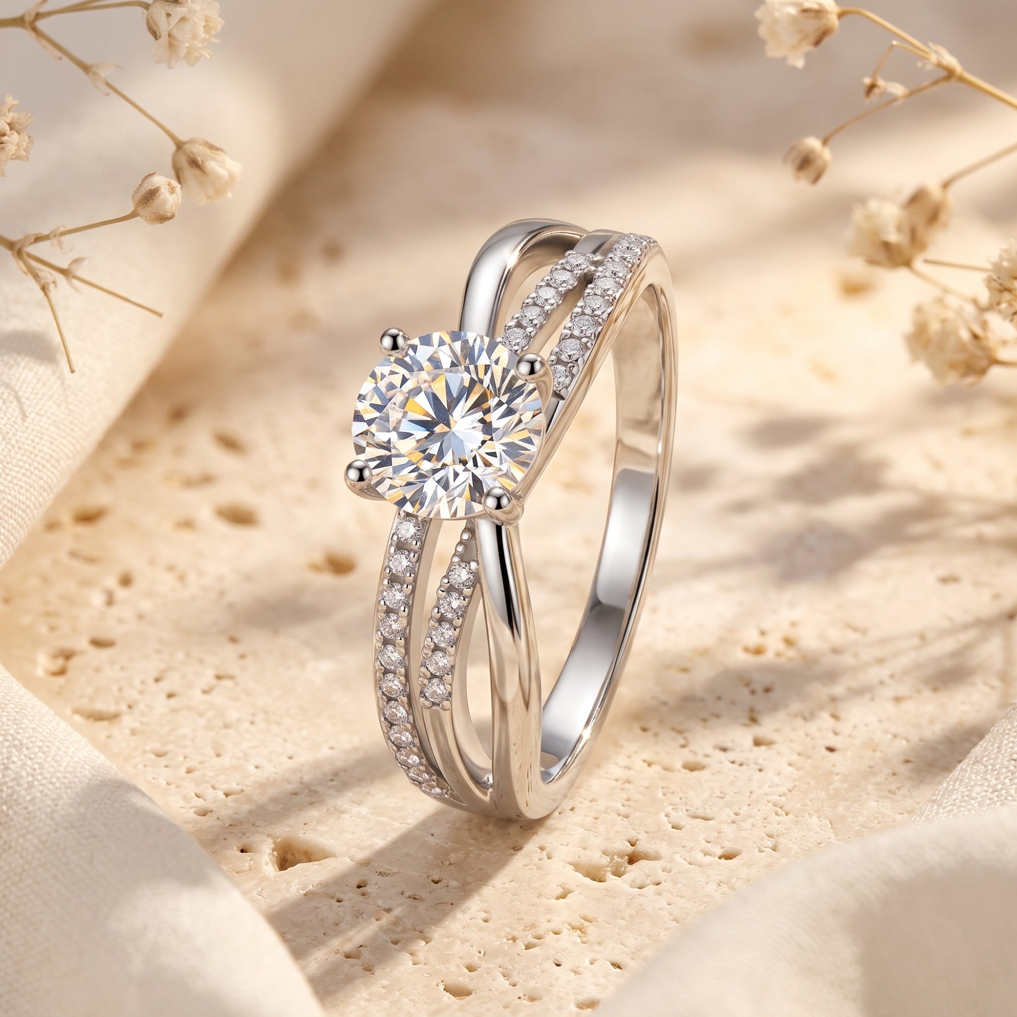 Round cut simulated diamond triple-band crossover ring in sterling silver with pavé accents on a lifestyle background.