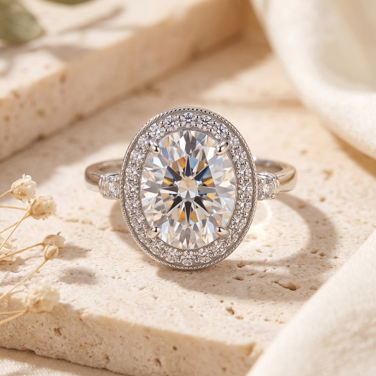 Front-facing close-up of a silver oval halo ring with a large center stone and accent stones on the shoulders.