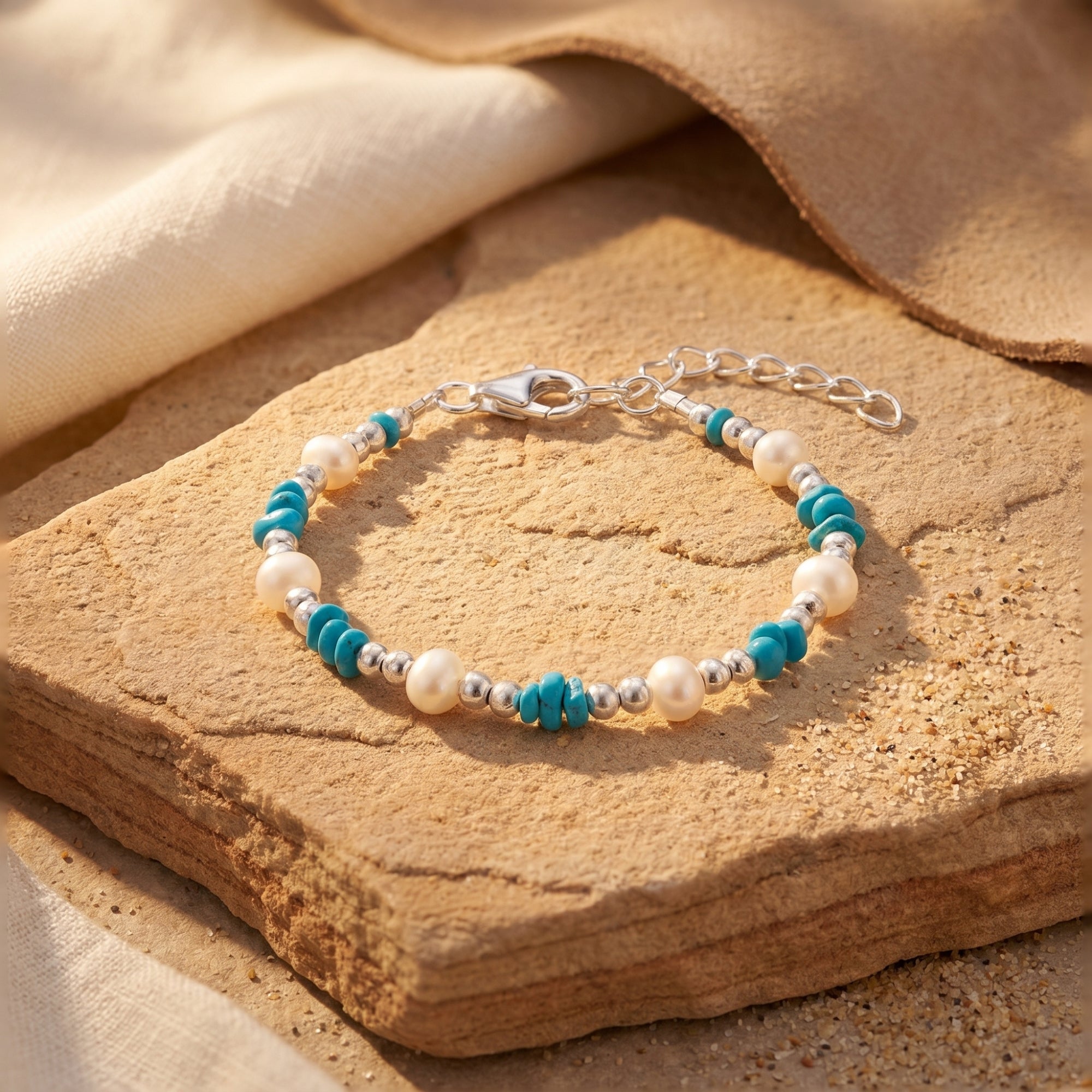 Silver Navajo-style turquoise and pearl bracelet on a desert stone.