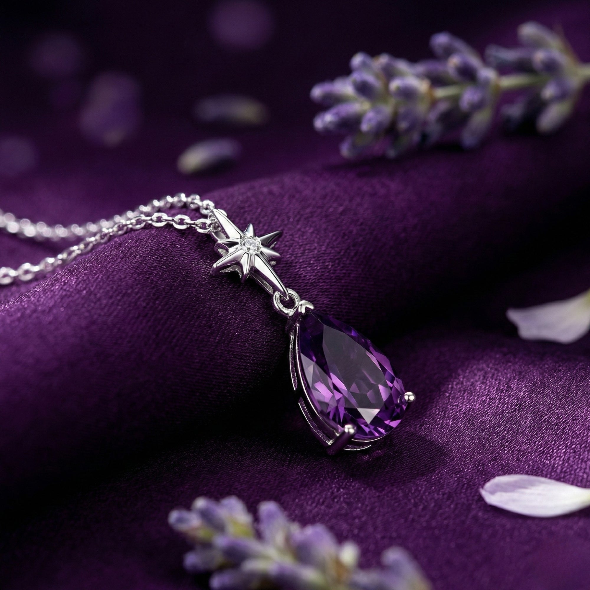 The Isla pear cut amethyst pendant in sterling silver with a star motif, resting on purple silk with lavender.