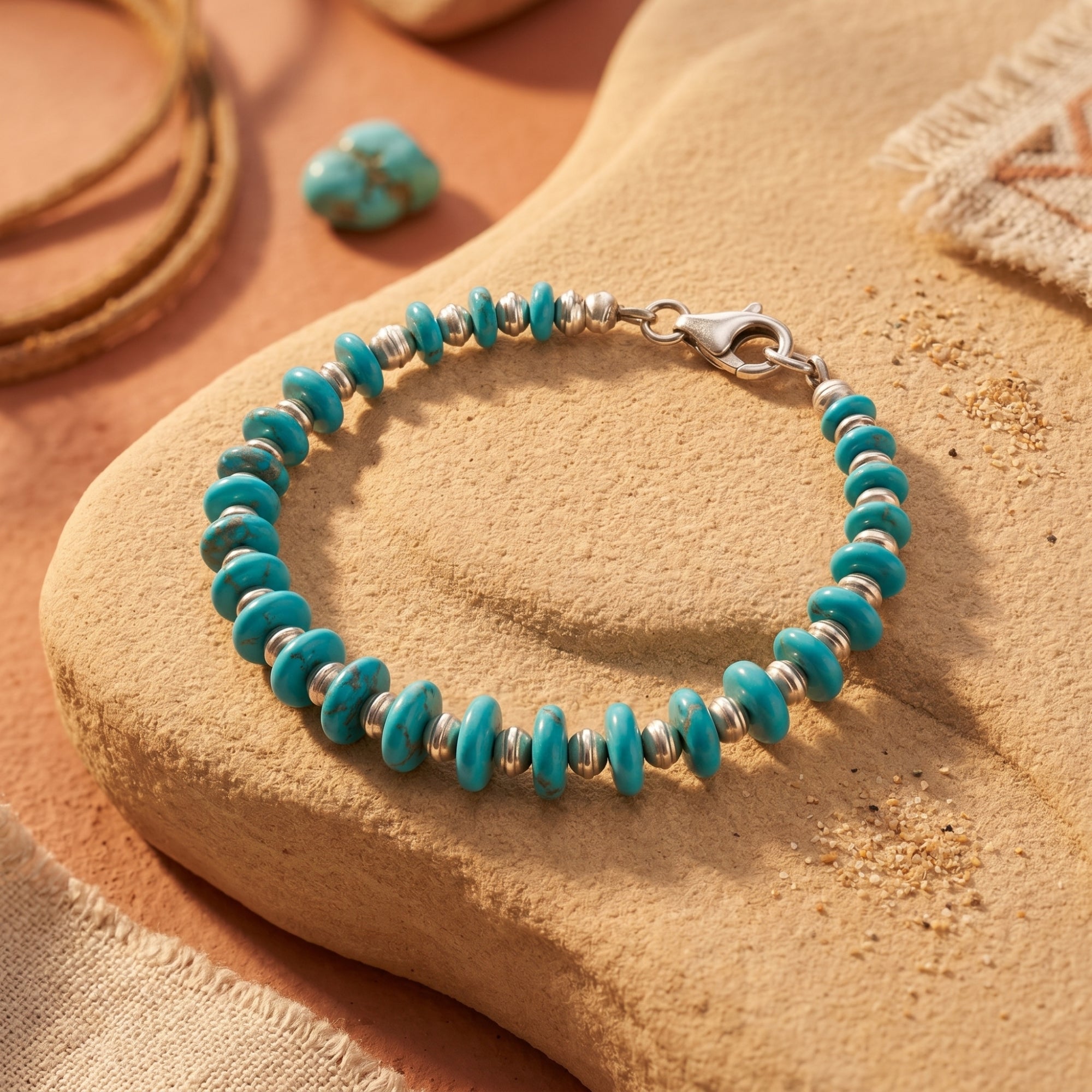 Navajo-style turquoise and S925 sterling silver bead bracelet on a desert-inspired stone background.