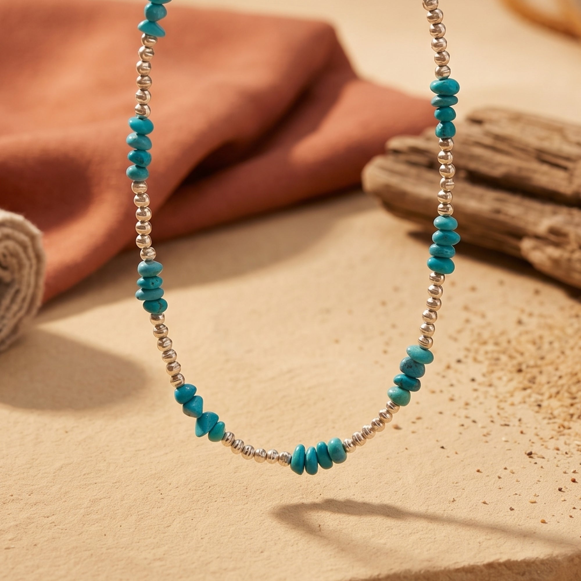Close-up of silver beads and turquoise accents on the Ocotillo necklace in a desert lifestyle setting.