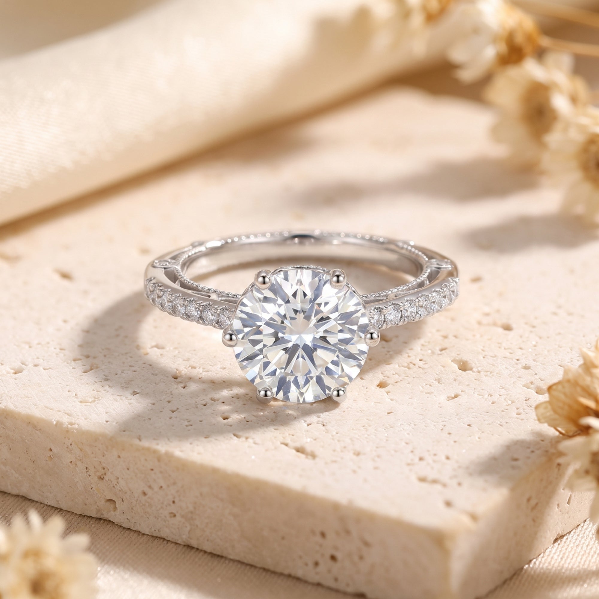 9mm round CZ solitaire promise ring in sterling silver on a textured stone lifestyle background.