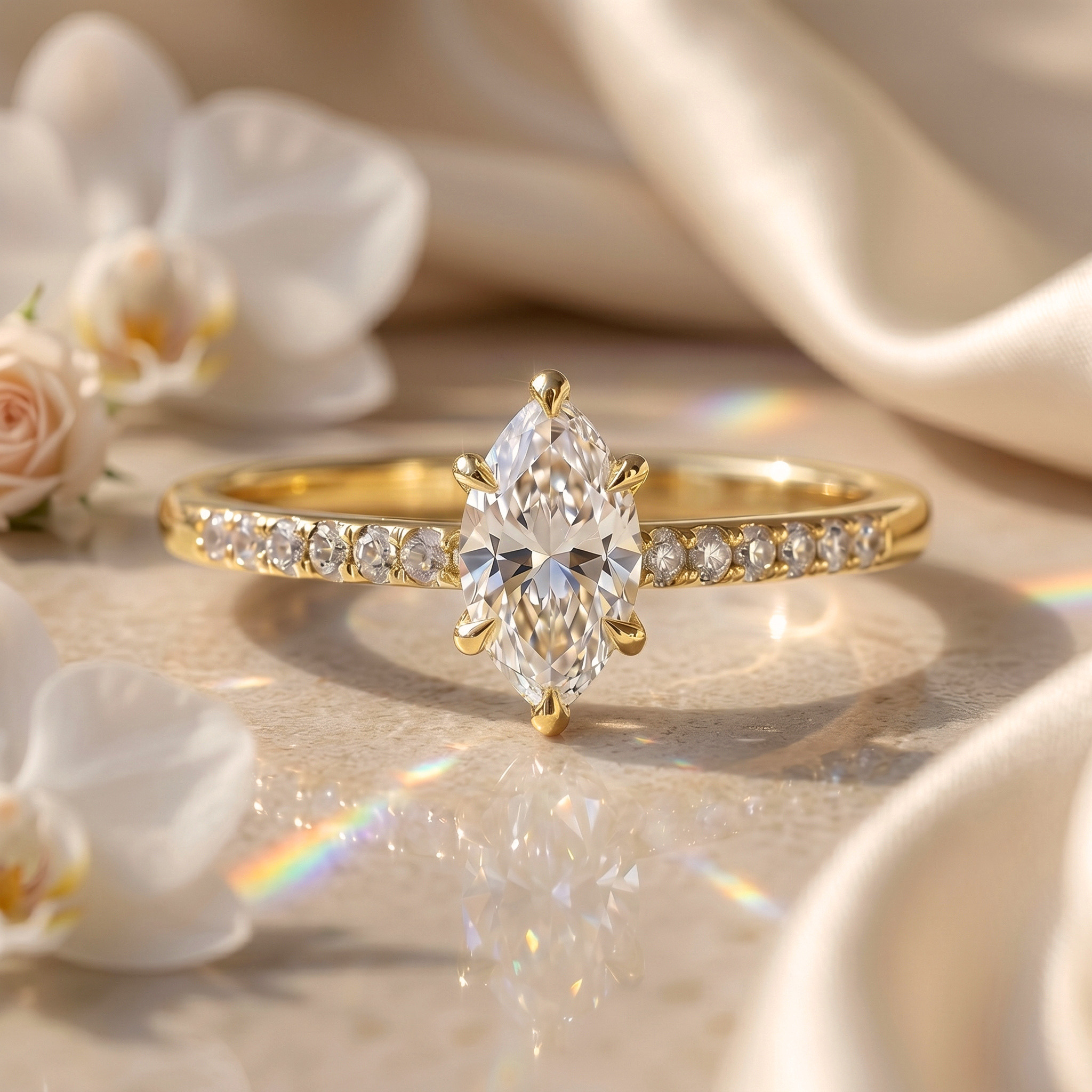 A stunning marquise-cut moissanite engagement ring with a yellow gold diamond pavé band is elegantly displayed on a warm beige surface with white orchids.