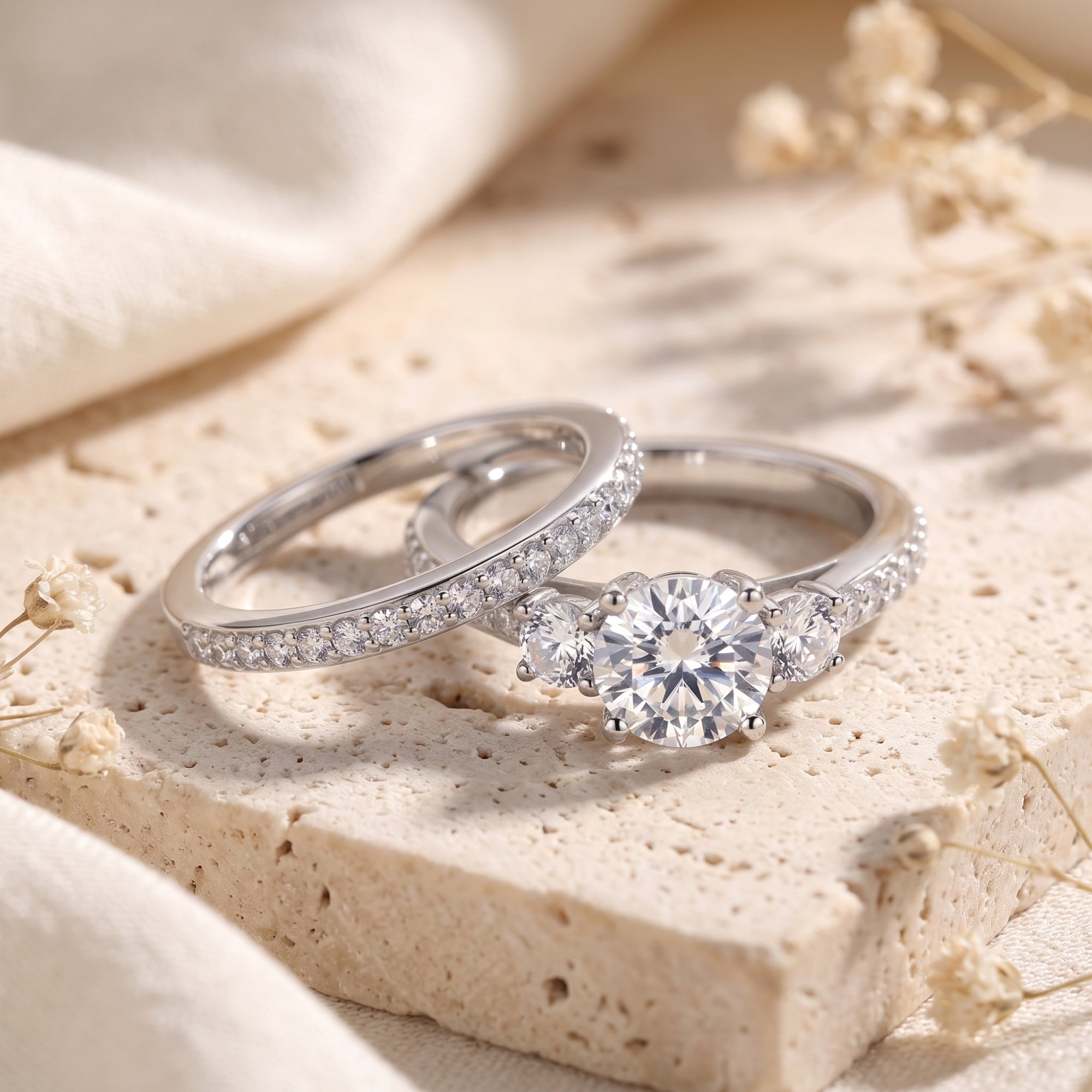 Adalicia sterling silver ring set with round-cut simulated diamonds on a textured stone surface.