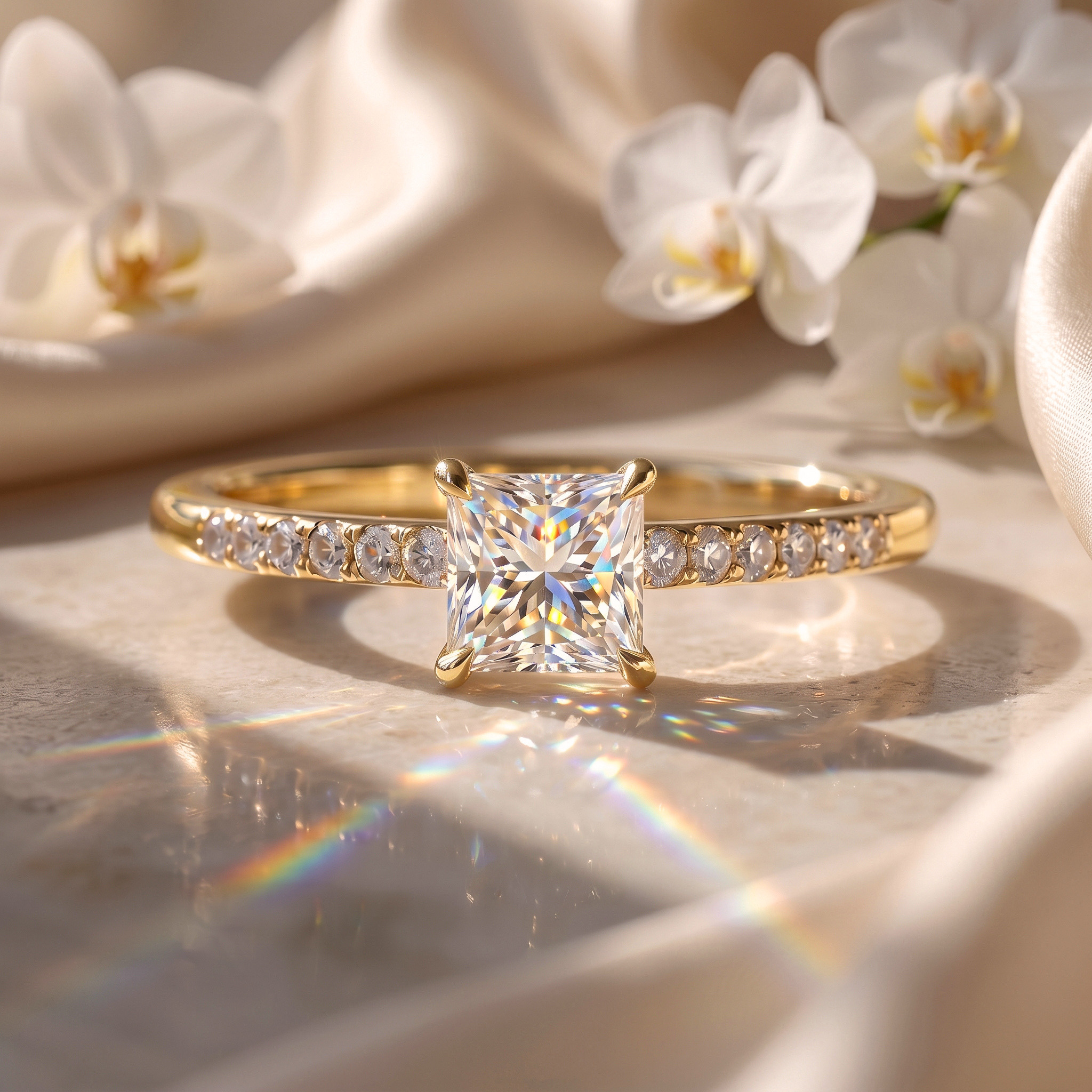 A stunning princess cut moissanite engagement ring on a pavé yellow gold band, set against a background of white orchids.