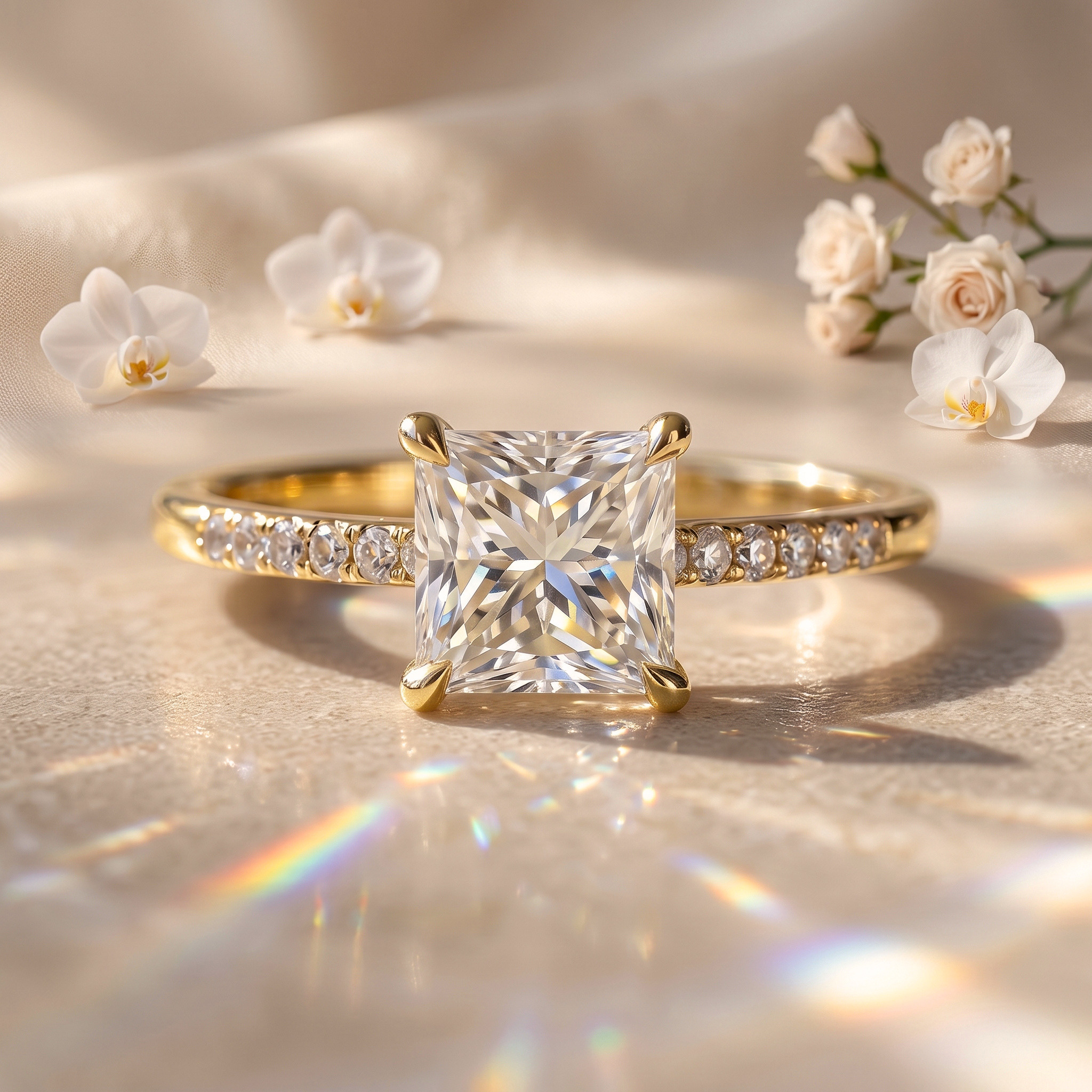 A stunning yellow gold engagement ring featuring a square princess cut moissanite center stone on a sparkling pavé band, resting on a light-colored surface.