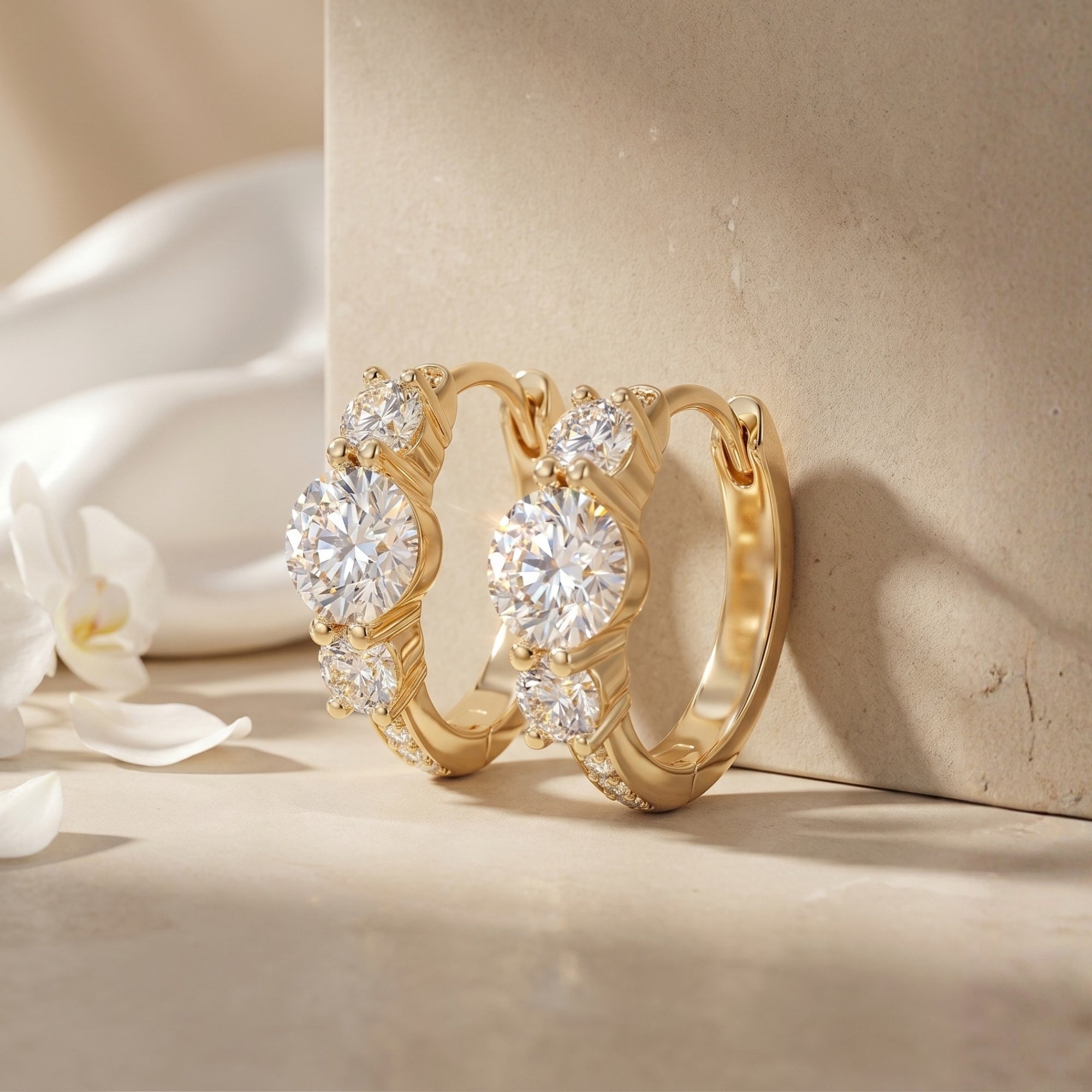 Gold moissanite hoop earrings with round-cut stones on a stone surface.