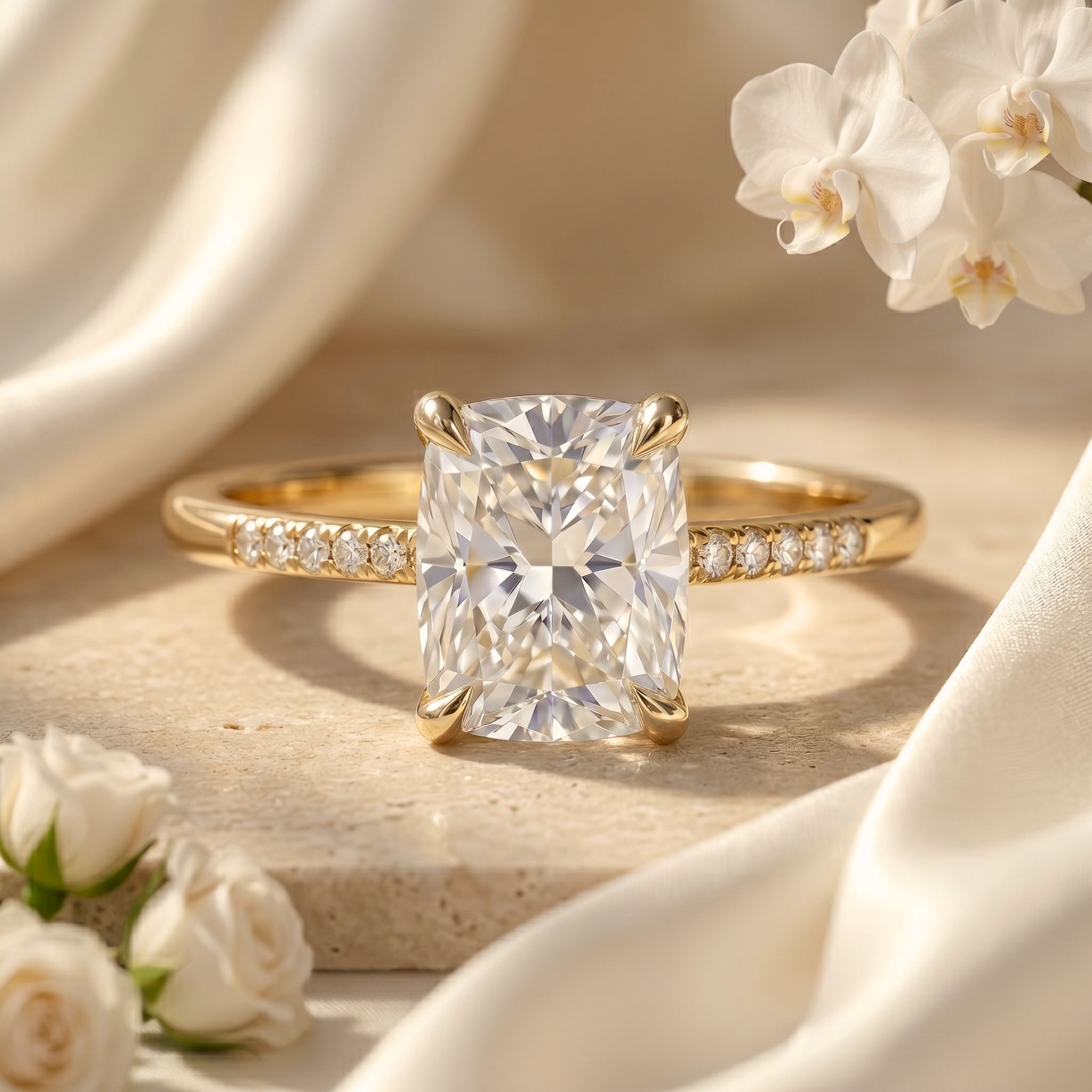 A stunning yellow gold cushion cut moissanite engagement ring with a delicate pavé band, displayed beautifully on a stone surface with white orchids and roses.