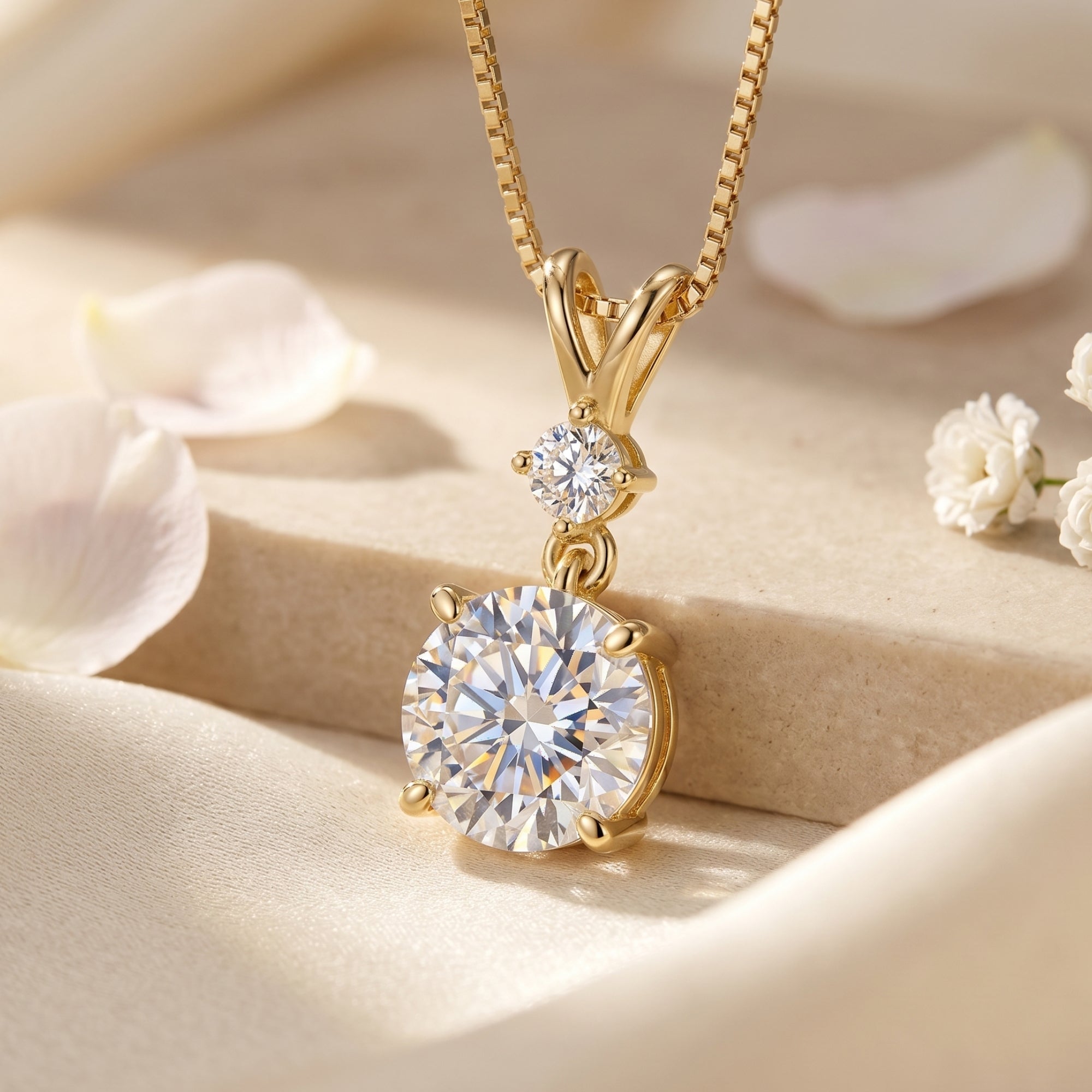 Round cut moissanite pendant in yellow gold on a box chain, styled with white flower petals.