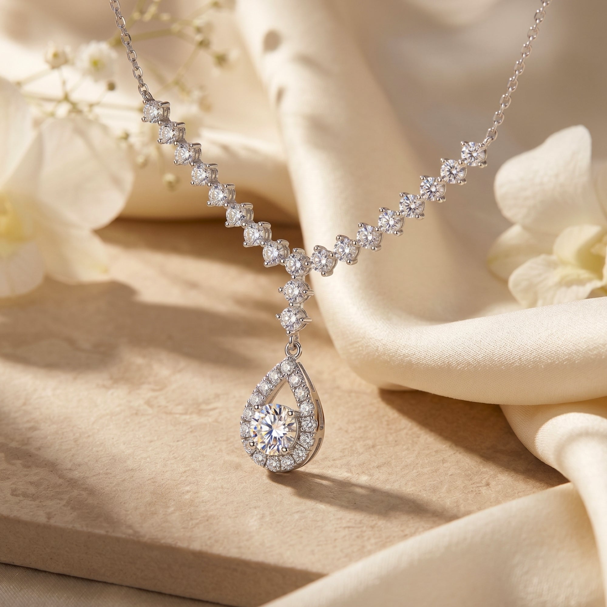Silver moissanite necklace with pear-shaped halo pendant on silk and stone background.