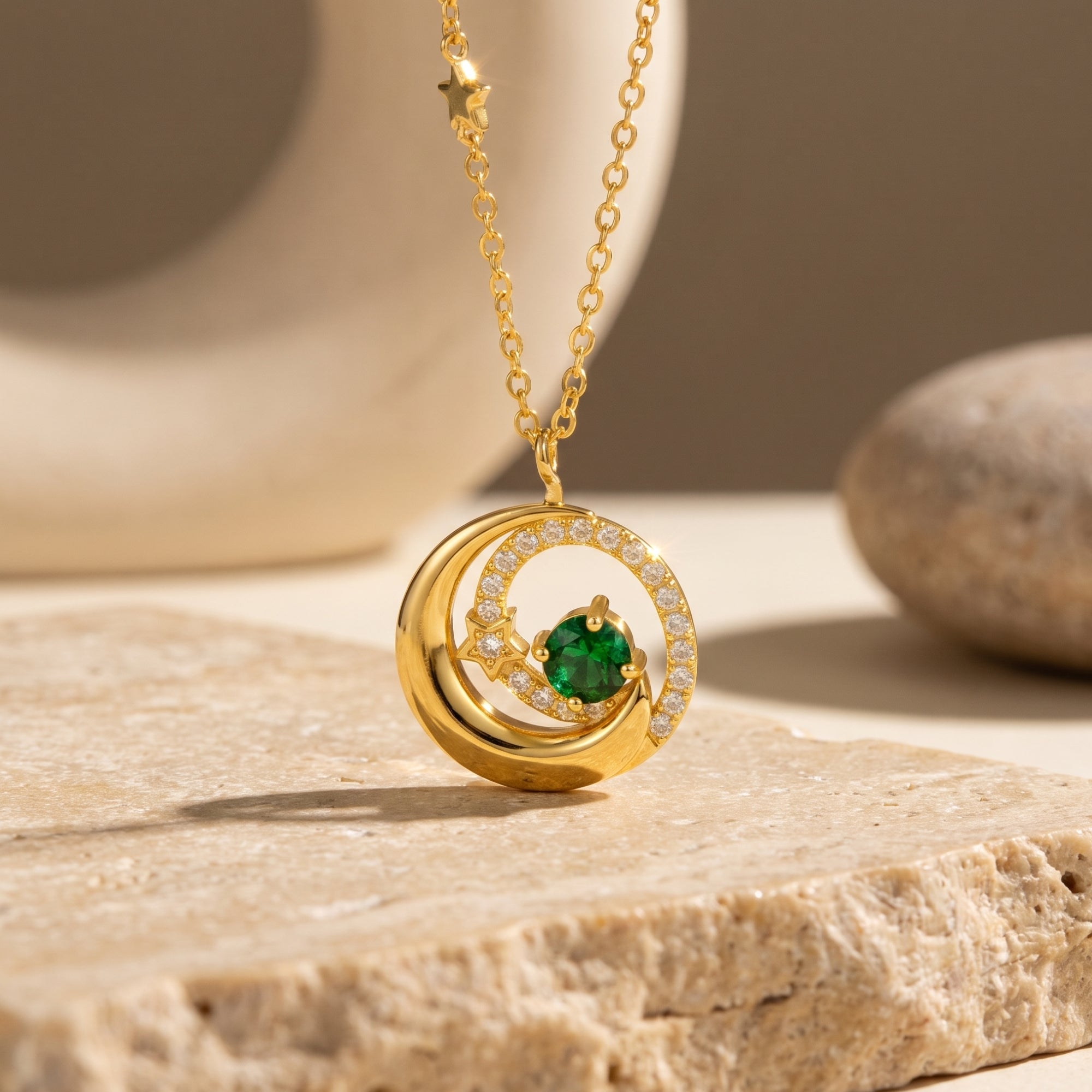 Solid gold crescent moon birthstone necklace with Zirconia stars, a celestial pendant.