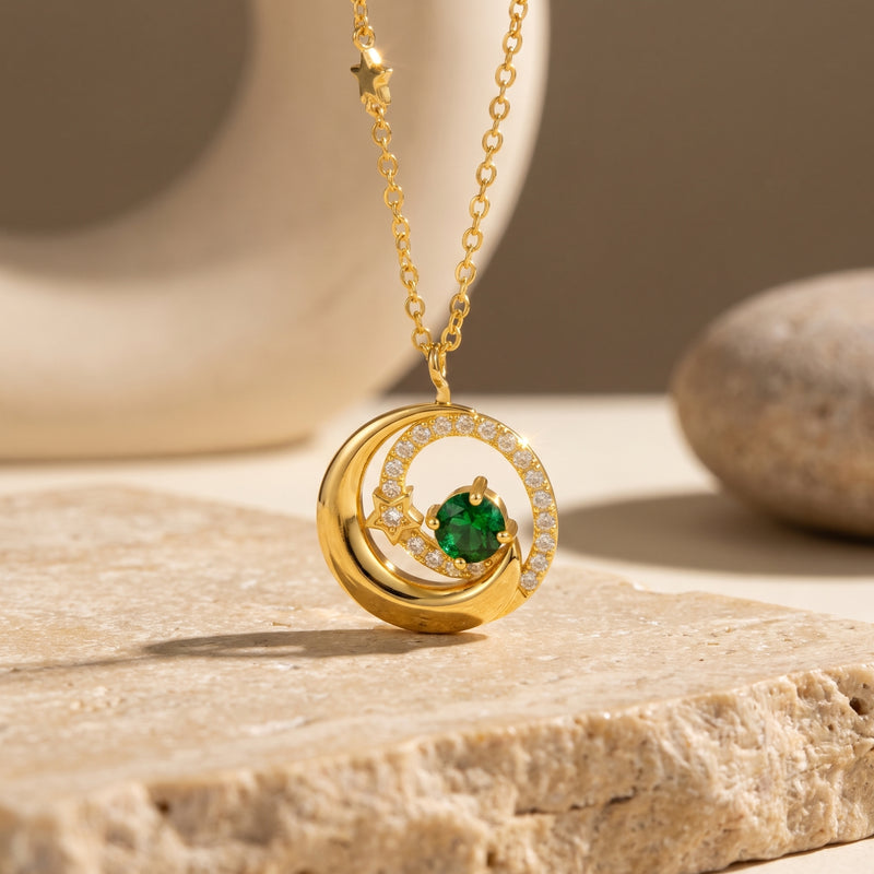 Solid gold crescent moon birthstone necklace with Zirconia stars, a celestial pendant.