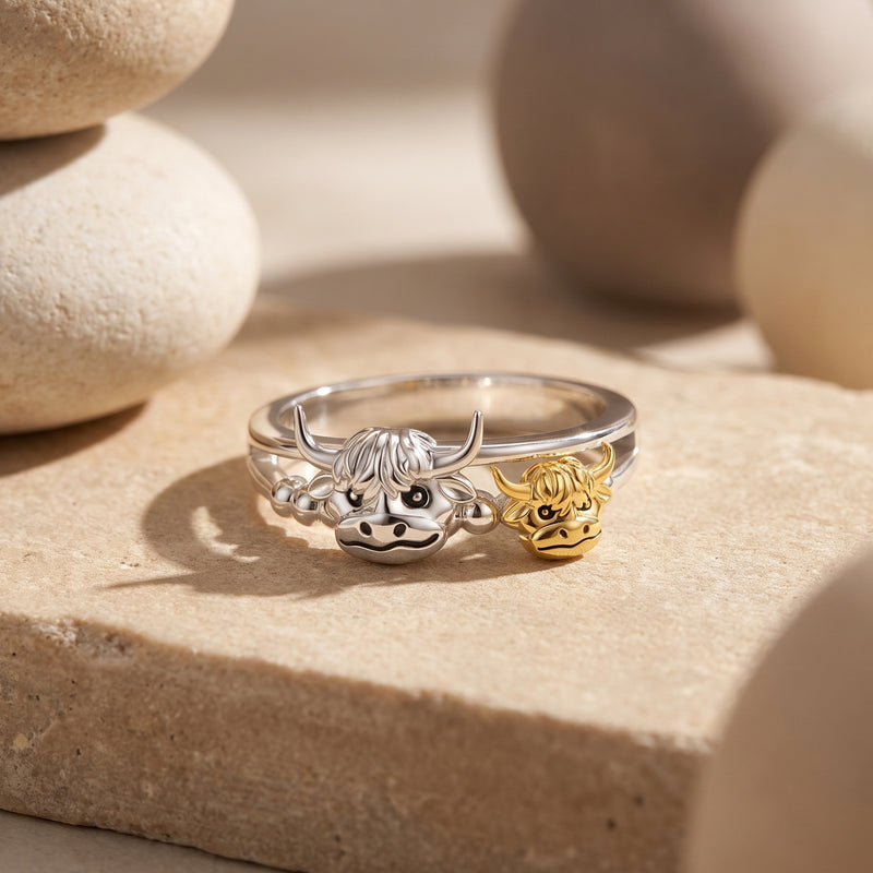 Silver-tone highland cow ring with a gold-tone calf motif, displayed on a beige stone surface.