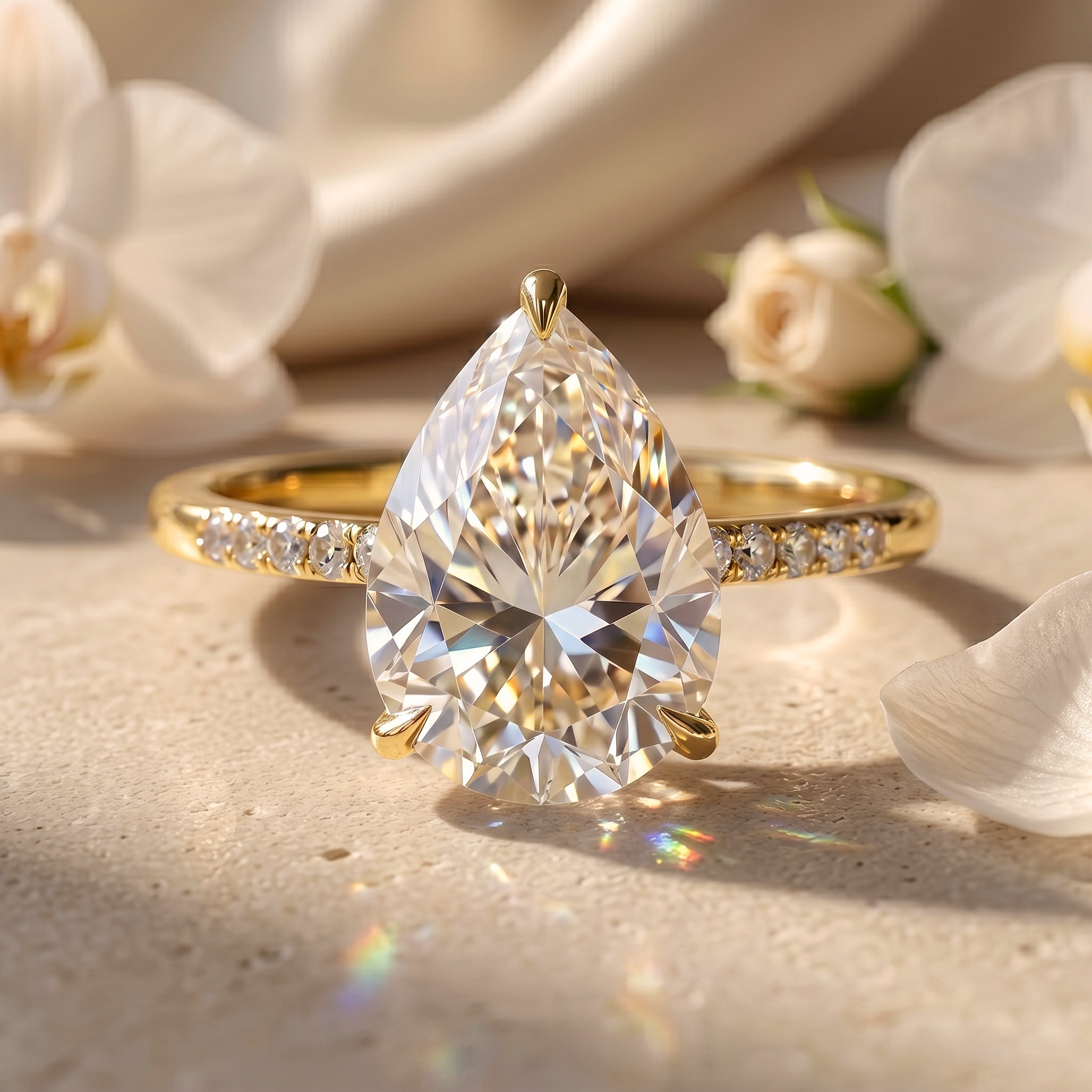 A yellow gold moissanite engagement ring with a brilliant pear-cut center stone set on a diamond-pave band.