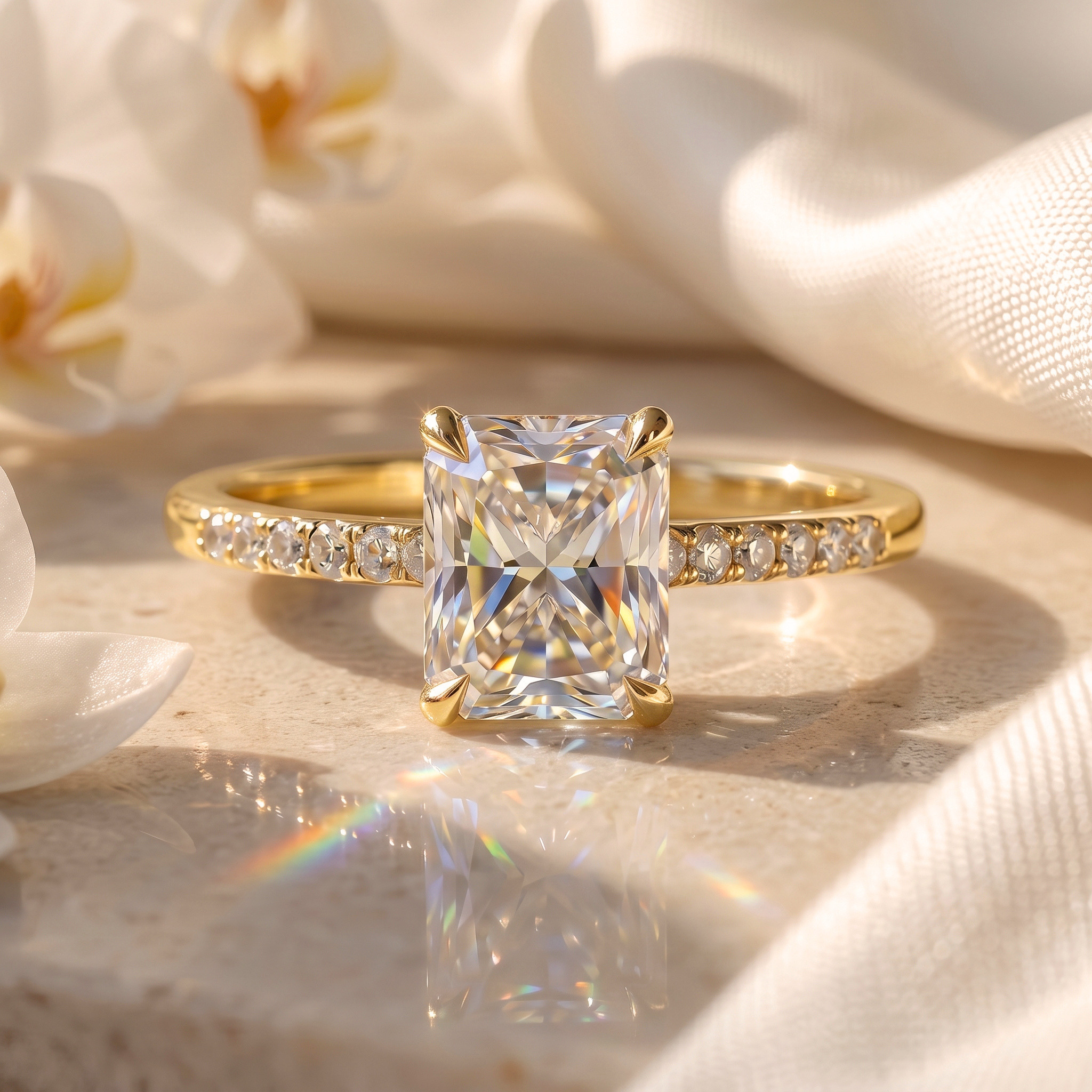 A stunning radiant cut moissanite engagement ring with a yellow gold pavé band, set against a soft marble backdrop with orchid flowers.