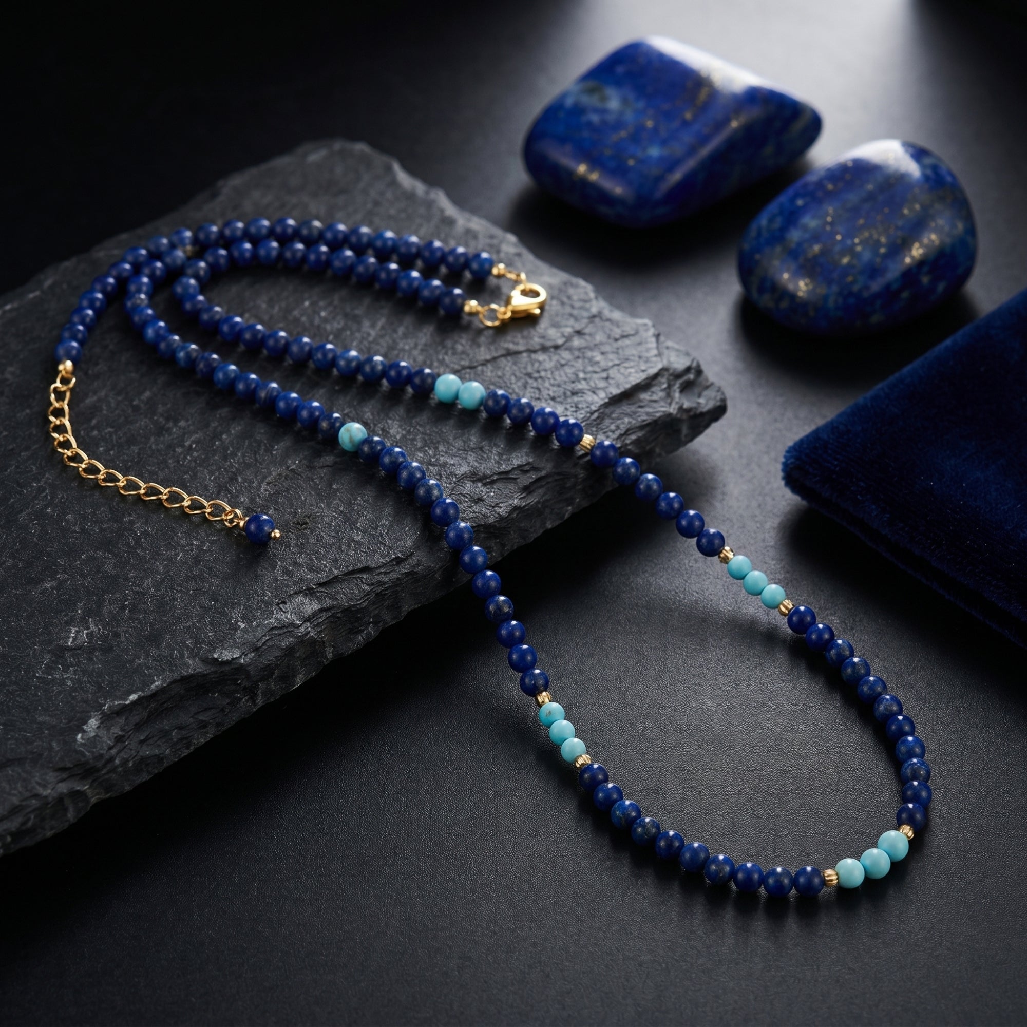 Natural lapis lazuli beaded necklace with gold plated accents on a dark slate background with raw stones.