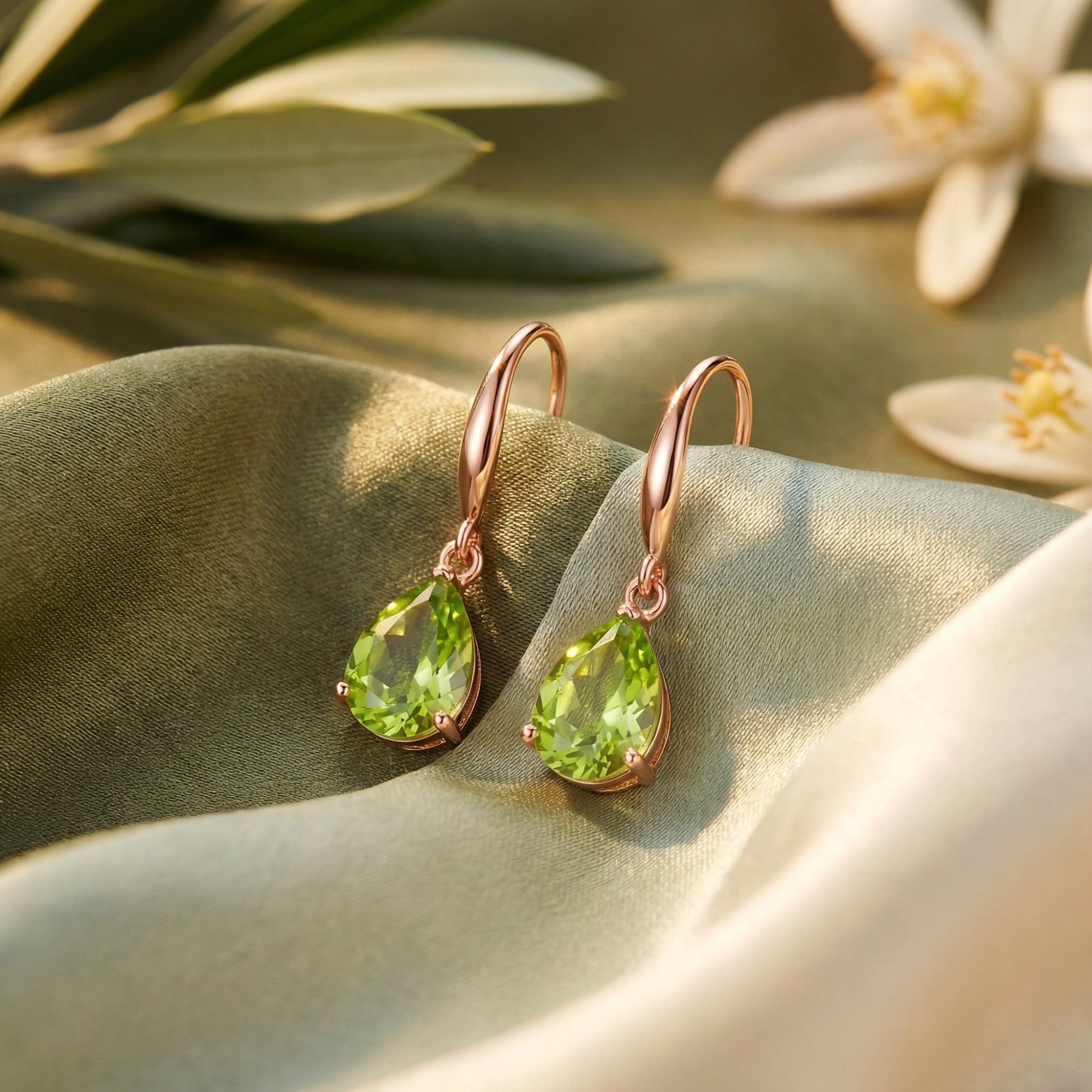 Pear cut natural peridot drop earrings in 18K rose gold vermeil displayed on green silk with white flowers.
