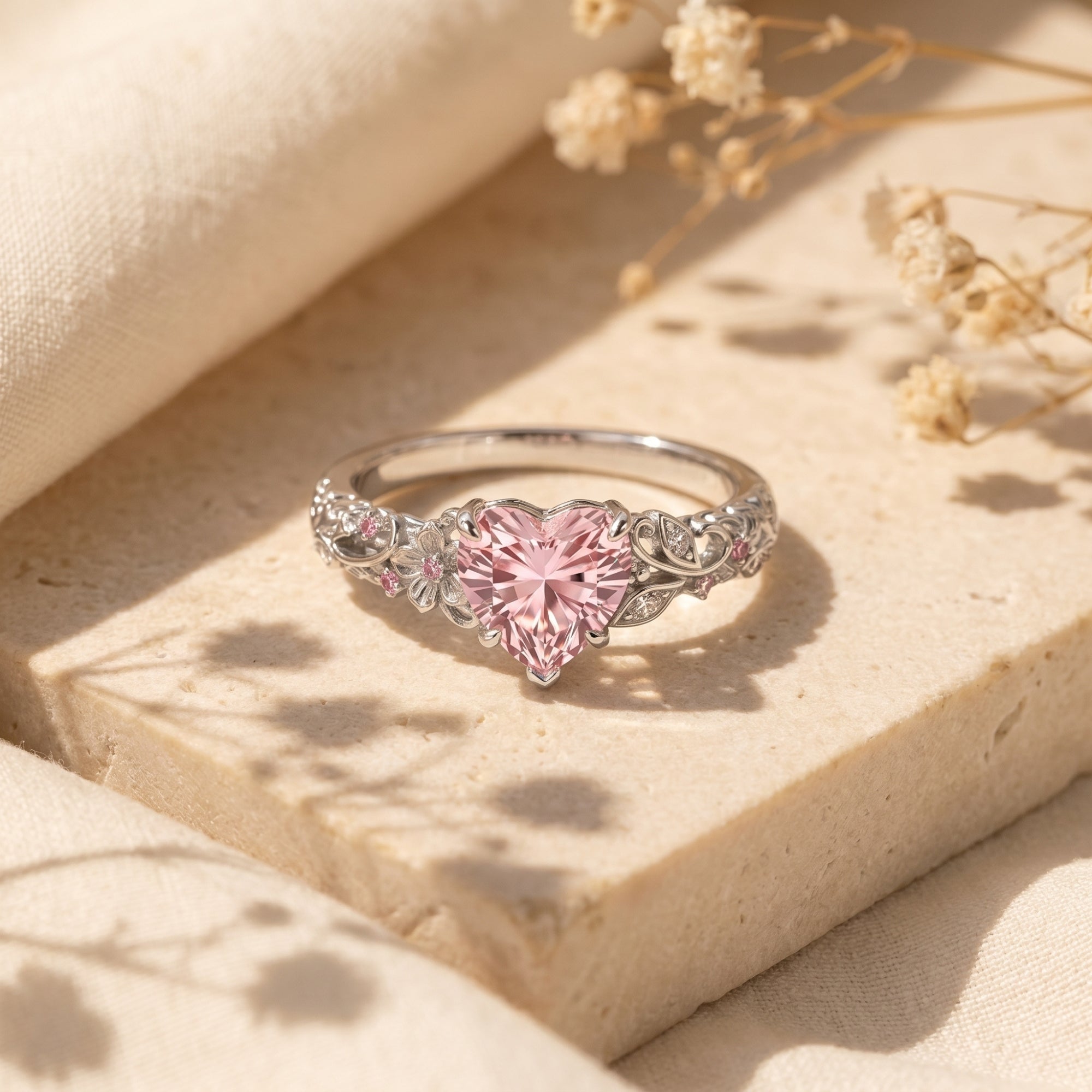 Silver heart-cut pink diamond ring on stone with dried flowers.