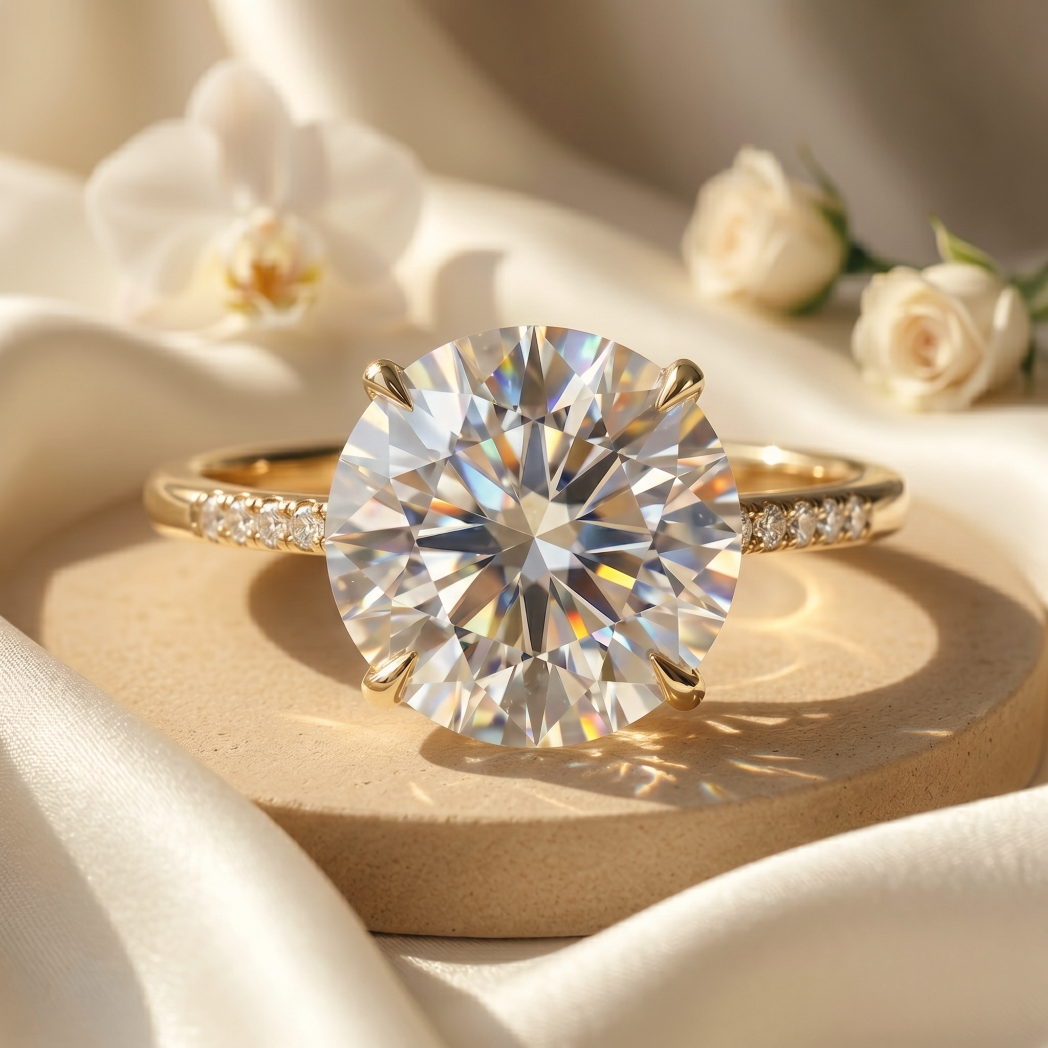 A brilliant round-cut moissanite solitaire engagement ring with a pavé band in yellow gold, resting on a neutral stone platform.