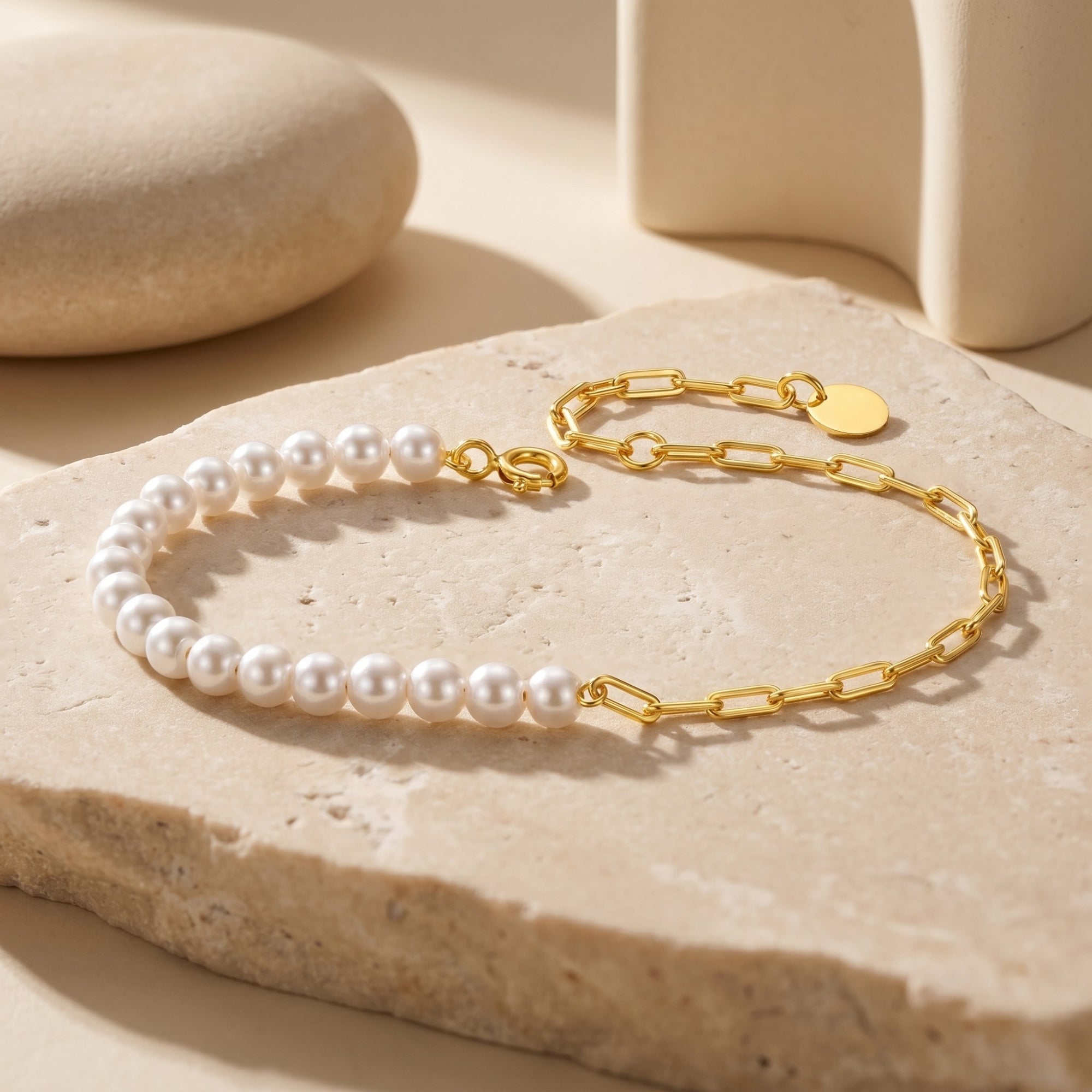 Gold chain and white cultured pearl bracelet displayed on a textured stone surface.
