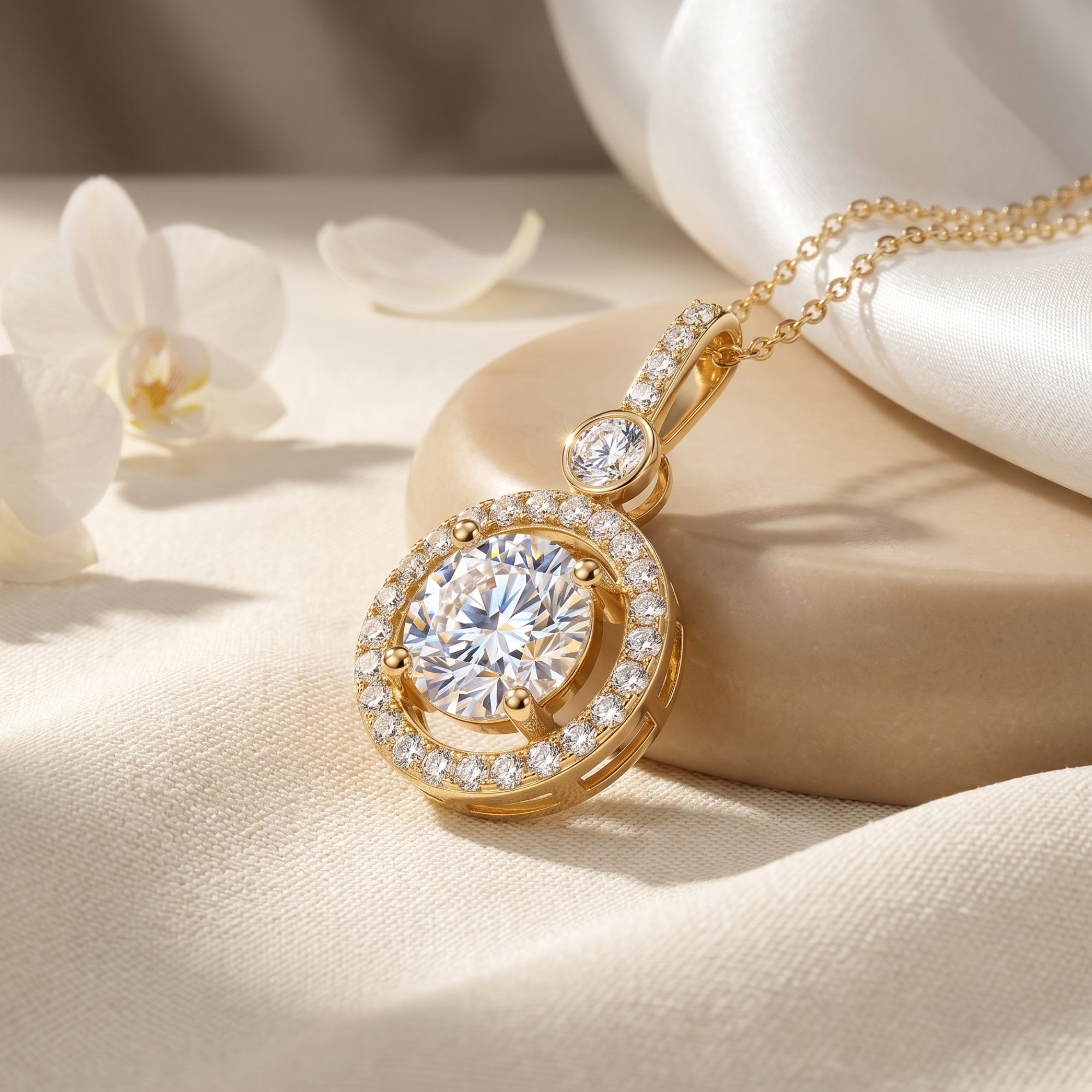 The Antoinette moissanite halo pendant necklace in solid gold, featuring a round center stone, displayed on silk fabric with white flowers.